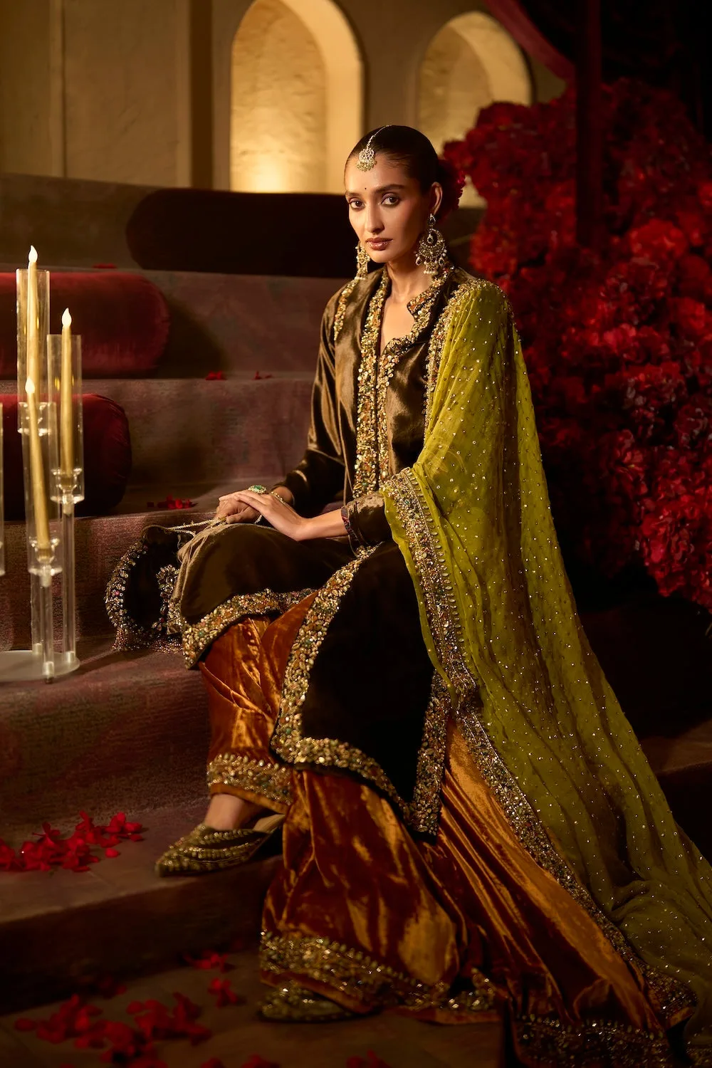 Chocolate brown Velvet Jacket Sharara Set by Seema Gujral, brown sari