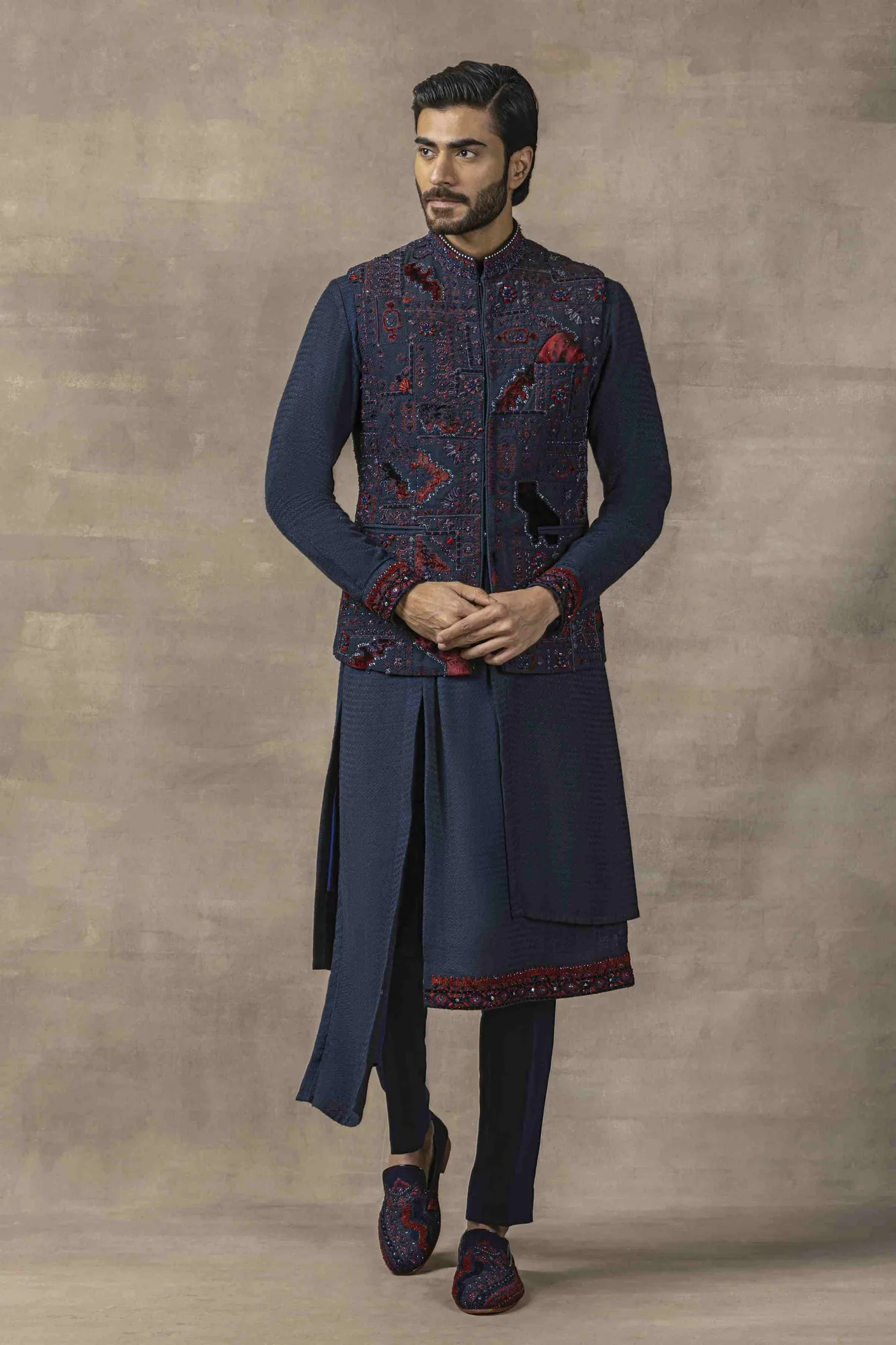 Navy Waistcoat Set by Sarab Khanijou