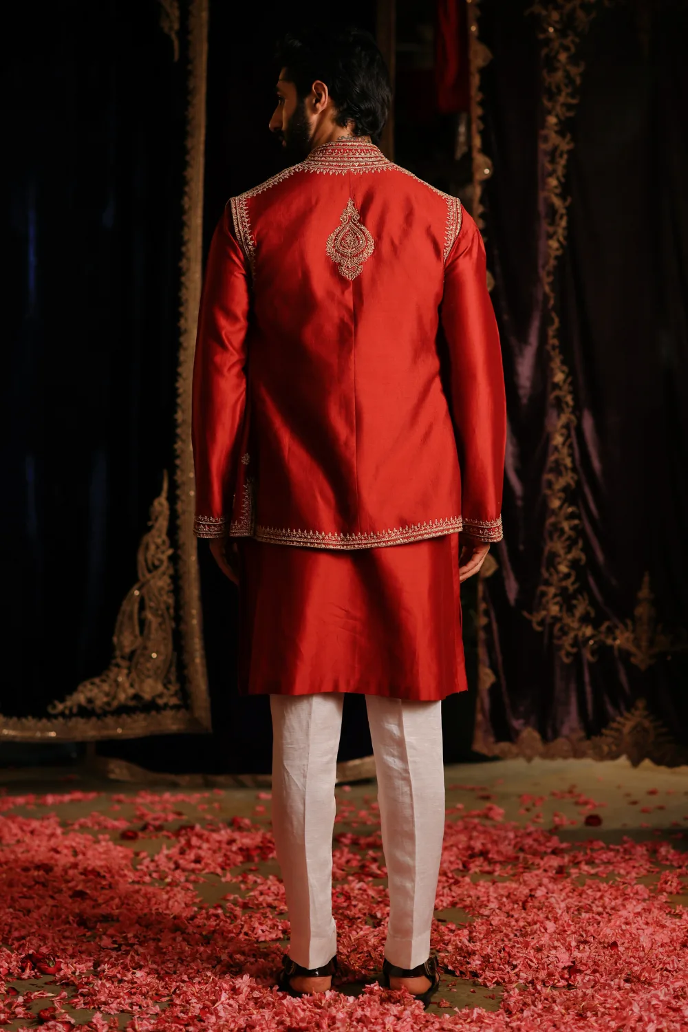 Safi Jacket Set by Jigar Mali in red, view 3