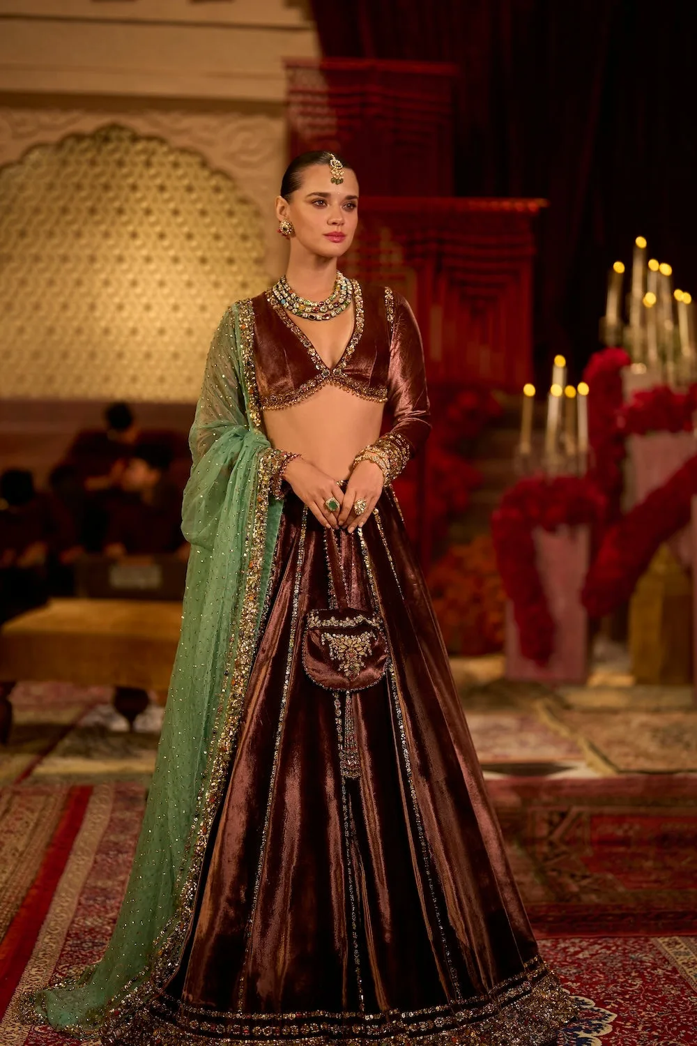 Rose Brown Velvet Lehenga Set by Seema Gujral, rose sari