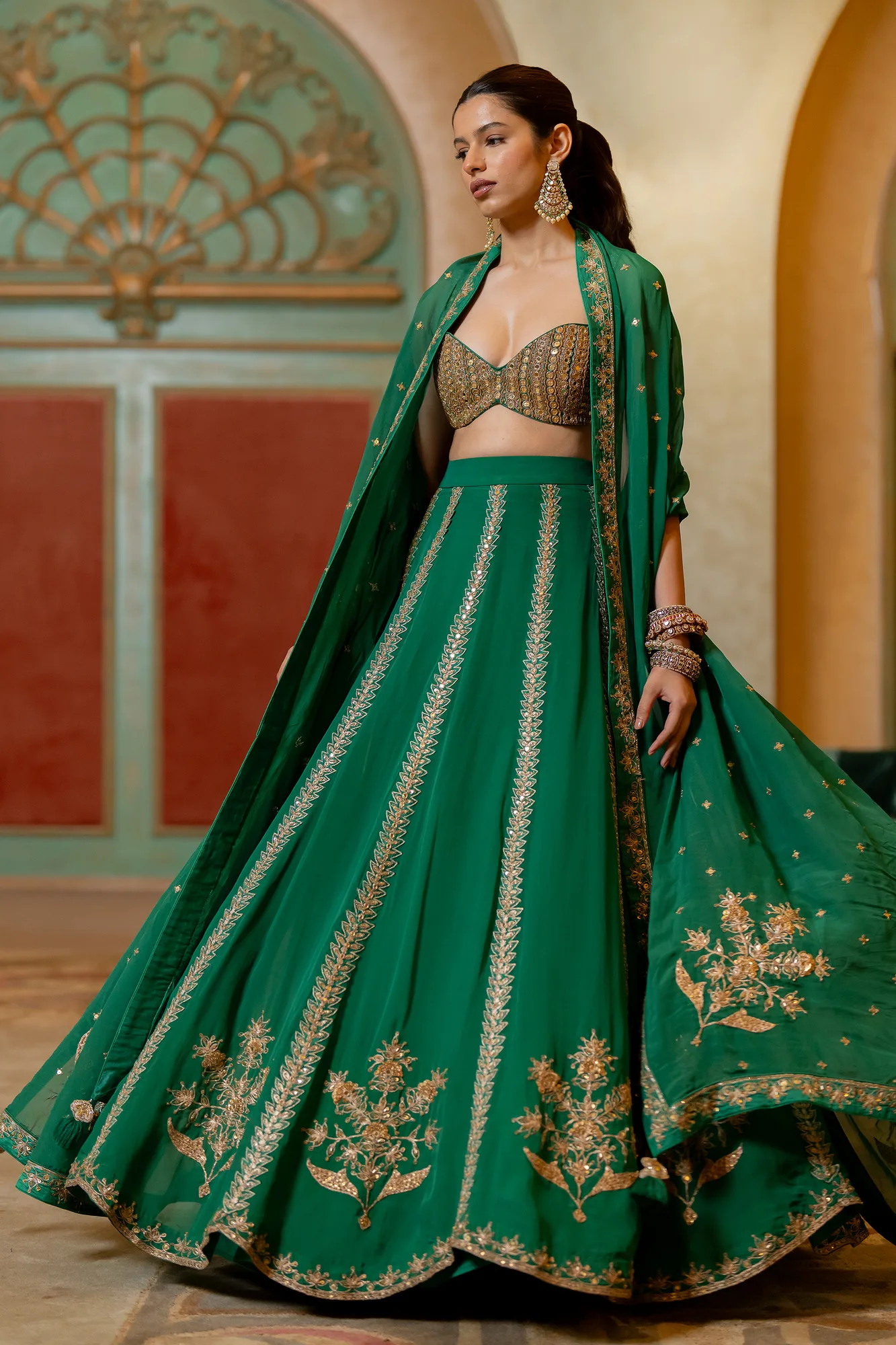 Kimiko Lehenga Set by Paulmi And Harsh in emerald green