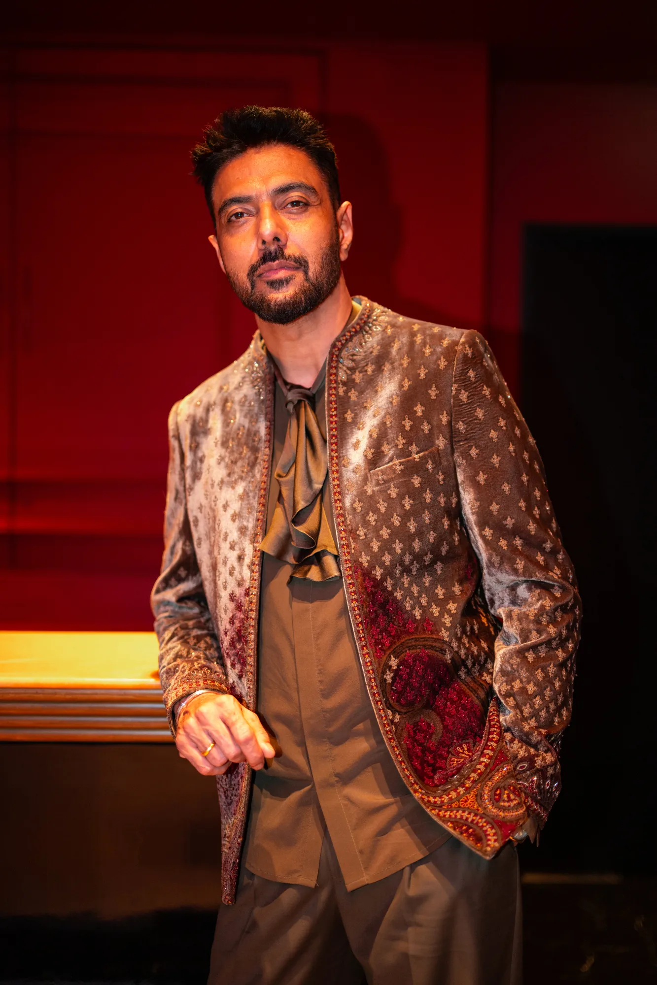 Ranveer Brar in Loden Jacket Set by Dolly J in green, view 4