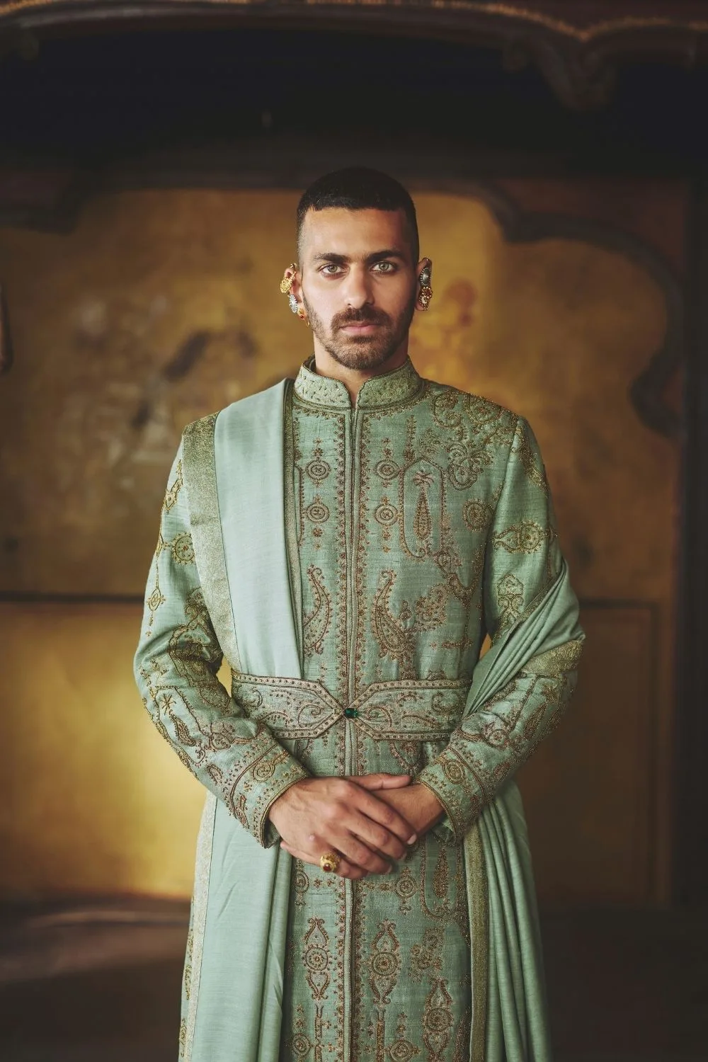 Manthan Sherwani by Jigar Mali in sage, view 3