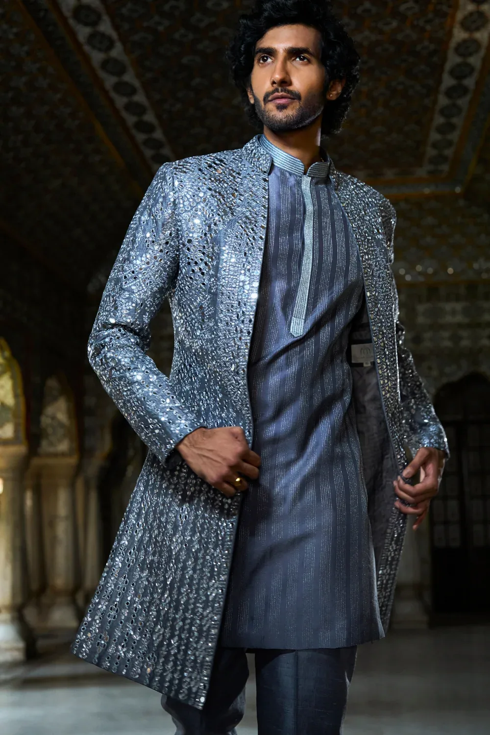 Steel Grey Mirror Work Open Jacket Set by Seema Gujral