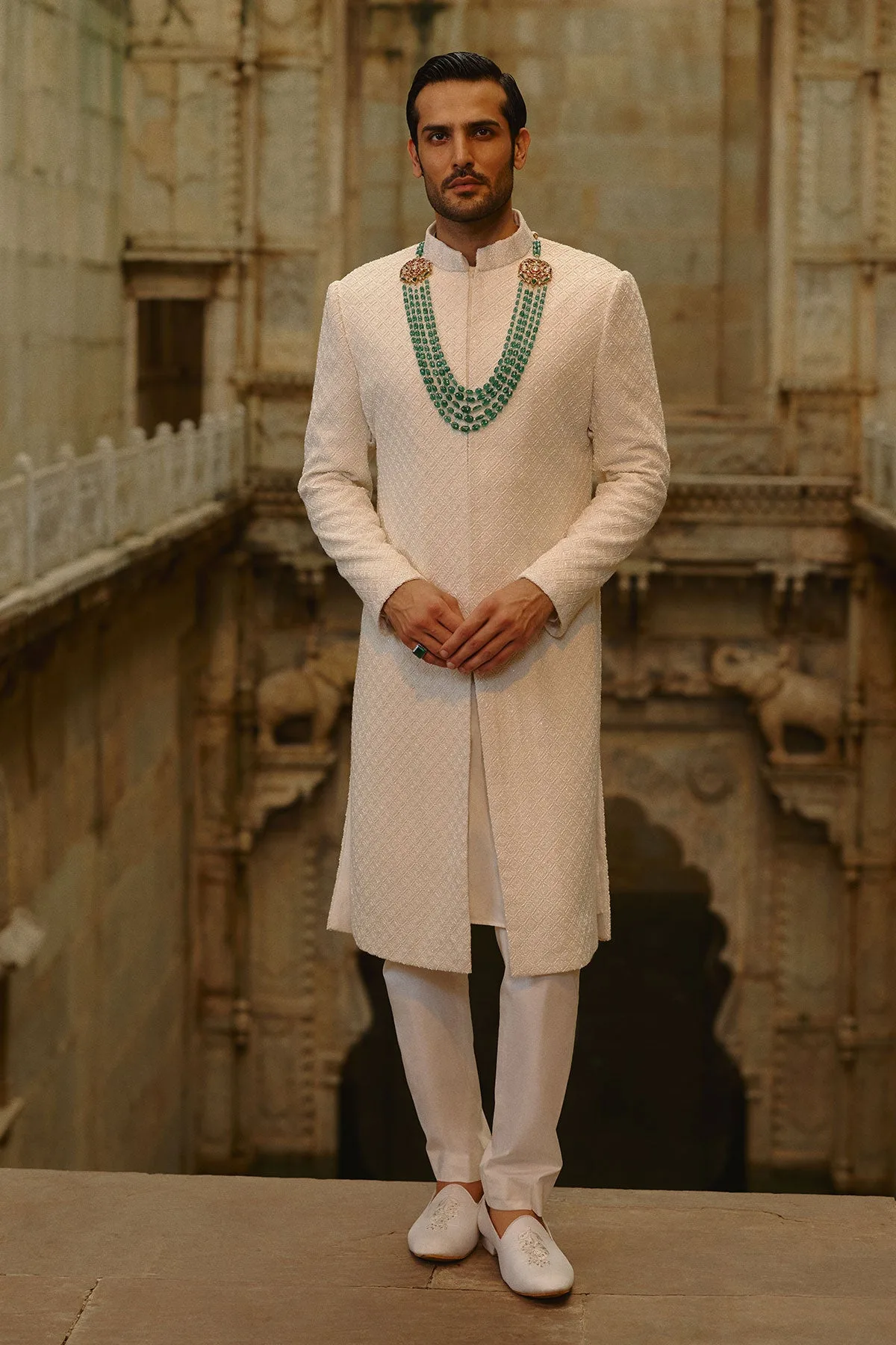 Ivory Geometric Sherwani Set by Nitika Gujral
