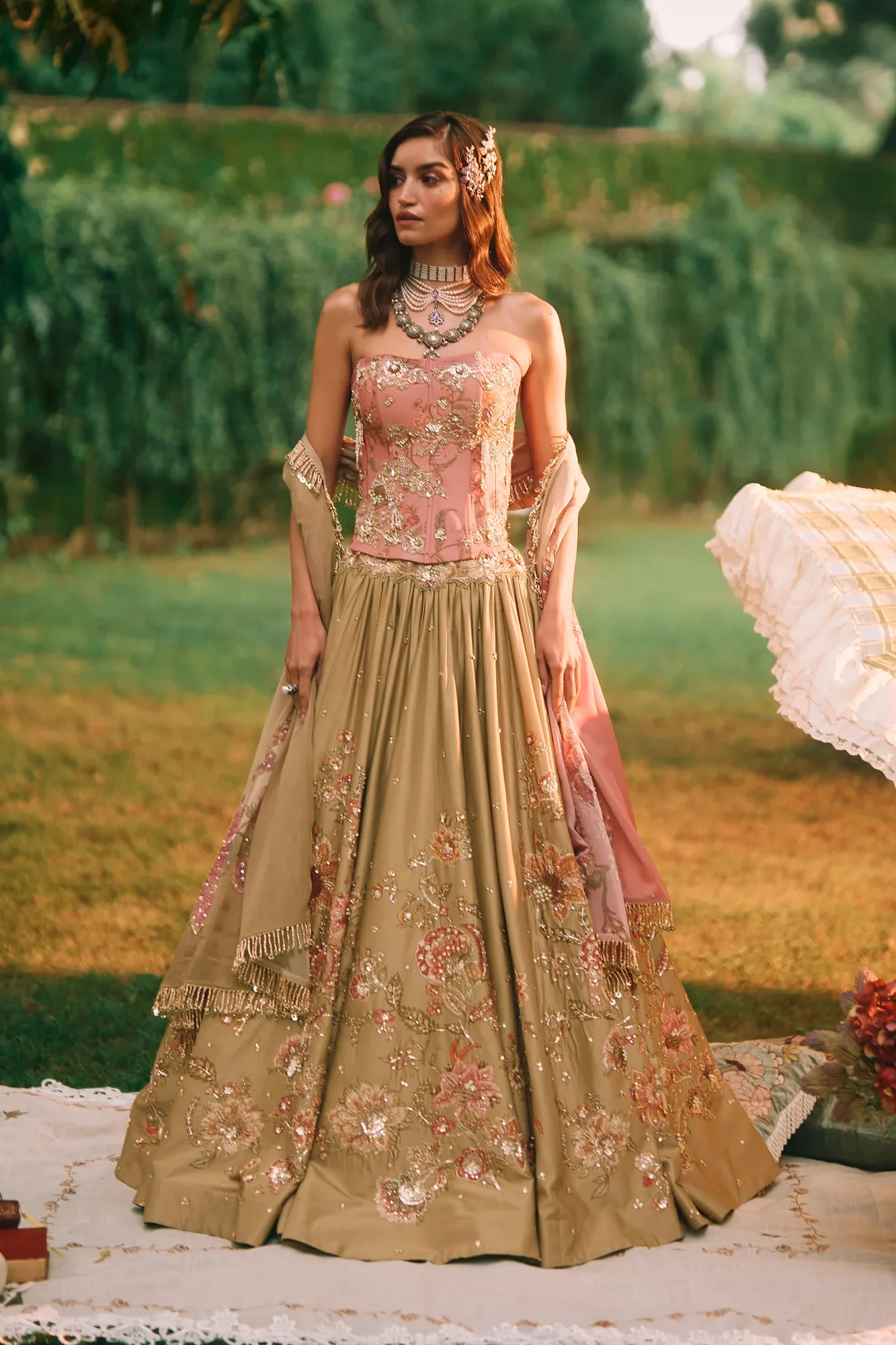 Keepsake Lehenga Set by Paulmi And Harsh in olive
