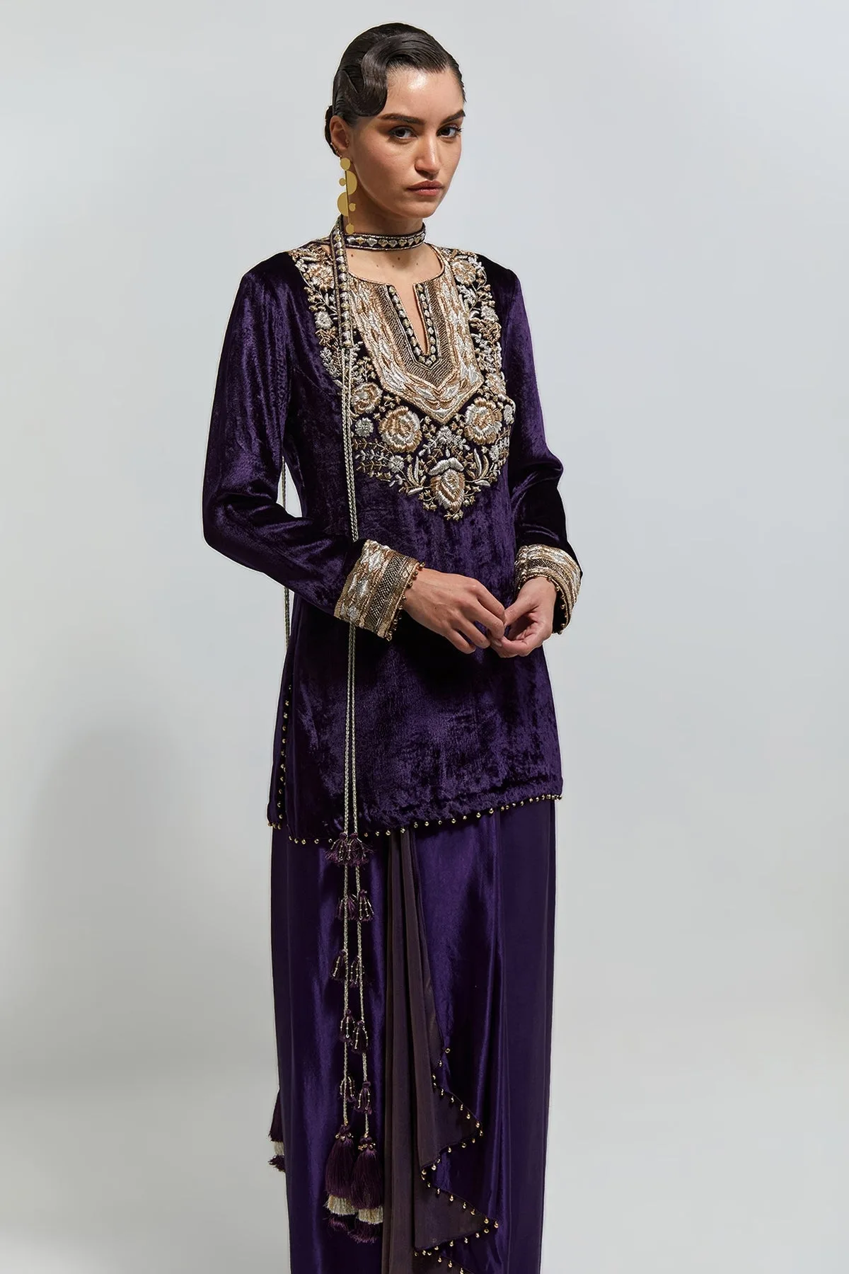 Zehra Purple Velvet Embroidered Yoke And Sleeves Kurta With Dhoti Skirt And Belt by Payal Singhal, view 4