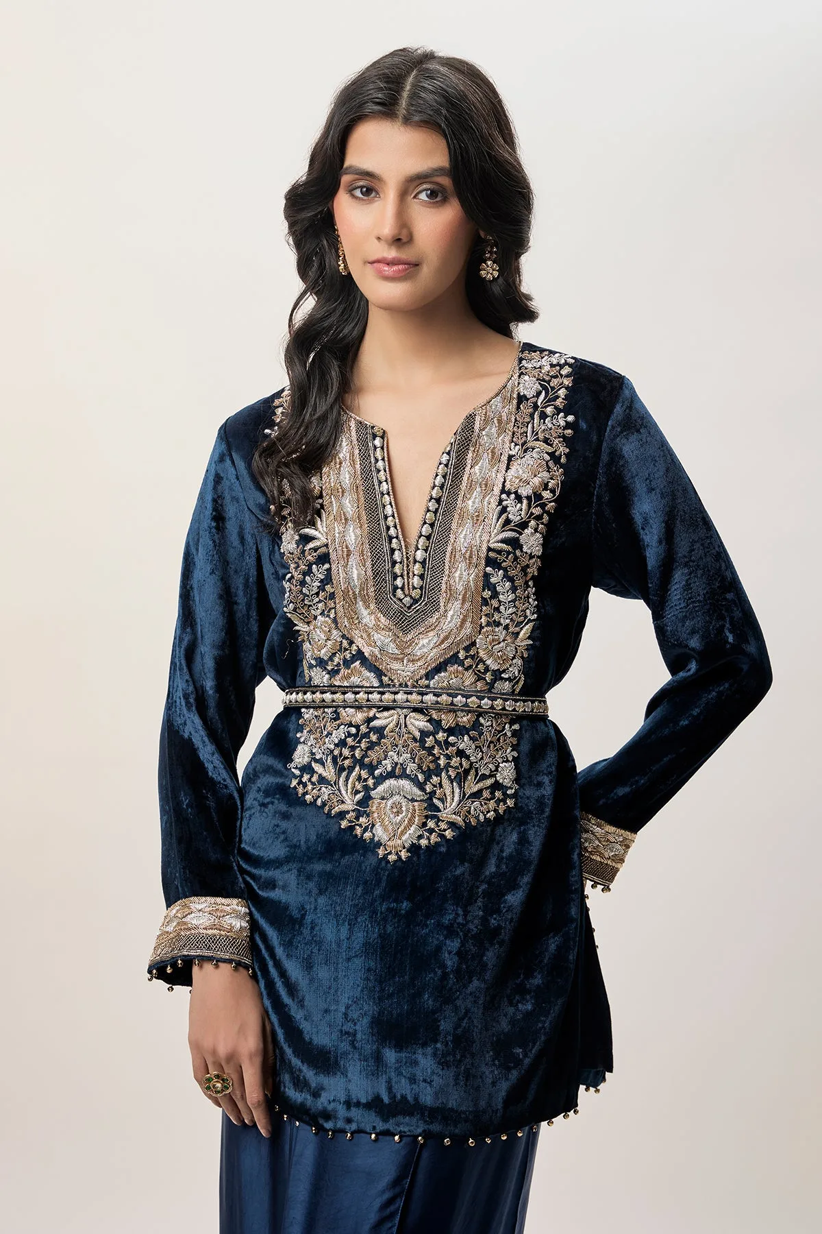 Samira Navy Blue Velvet Embroidered Yoke And With Dhoti Skirt And Belt by Payal Singhal, navy blue kurta, view 2