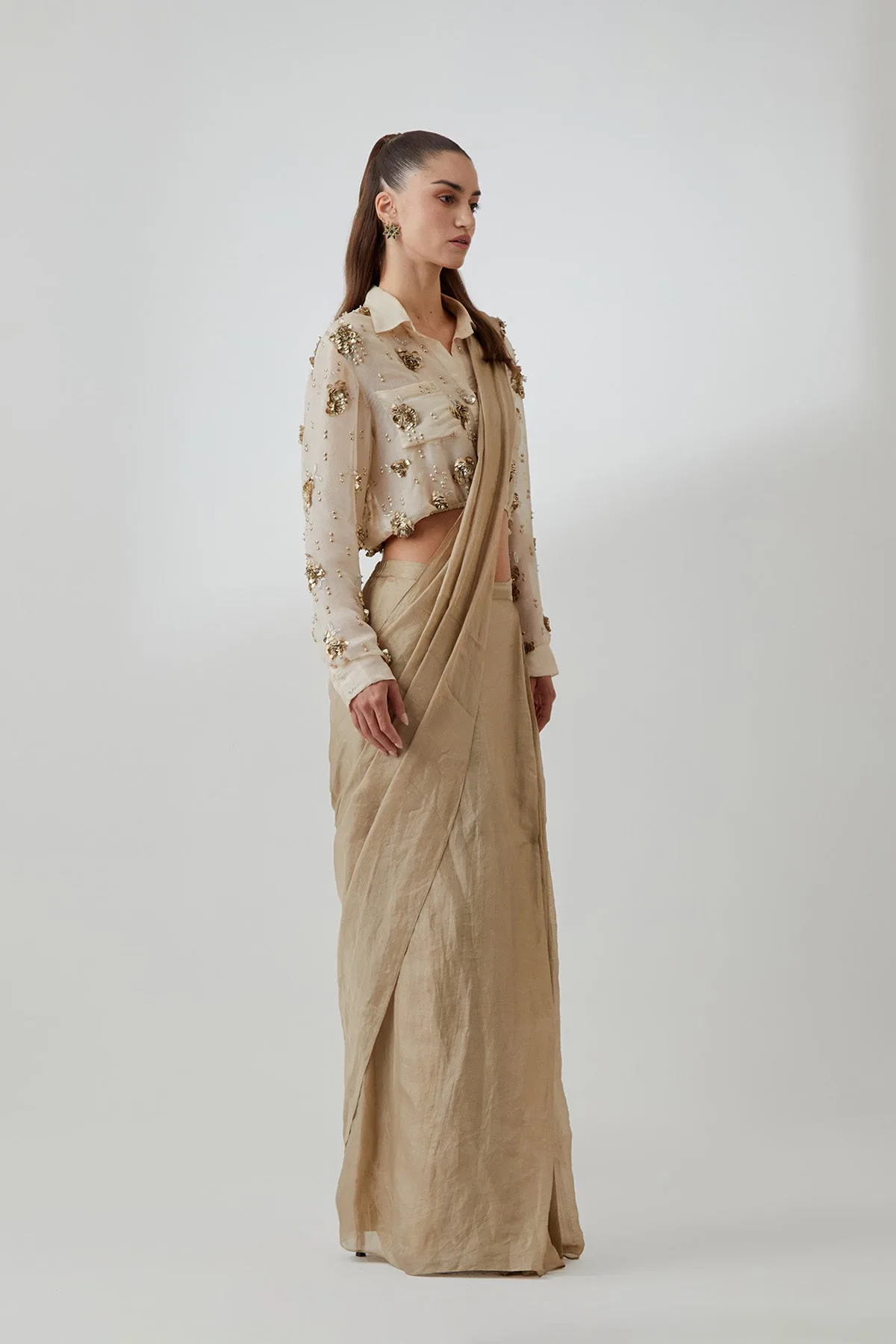 Stone Organza Studded Shirt With a Tissue Knotted Saree by Payal Singhal in gold, view 2