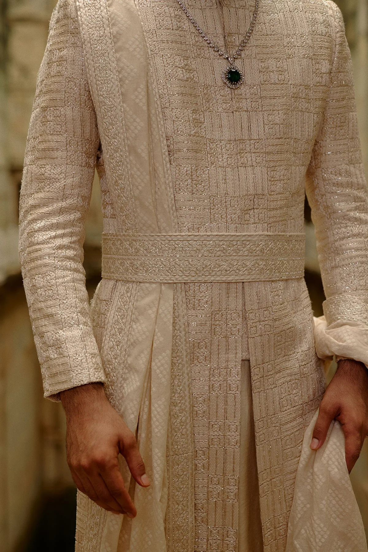 Beige Geometric Sherwani Set by Nitika Gujral, view 3