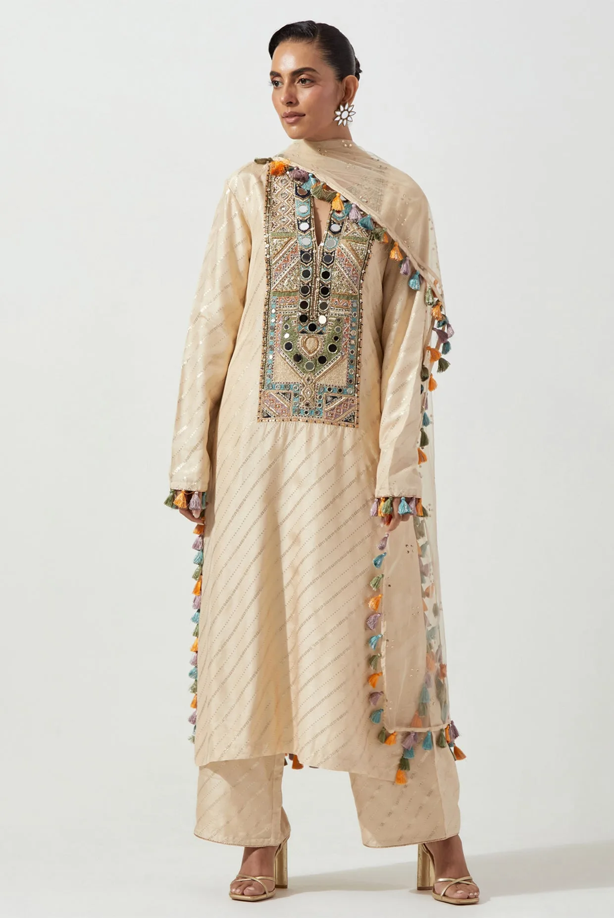 Stone Dola Silk Kurta With Pants & Net Dupatta by Payal Singhal