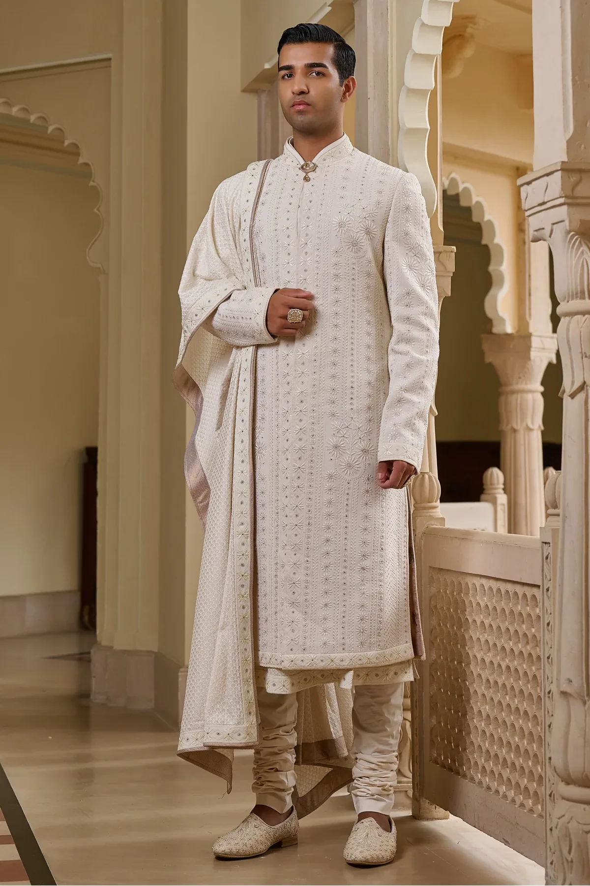 Golden Light Tonal Chikankari Sherwani Set by Tarun Tahiliani