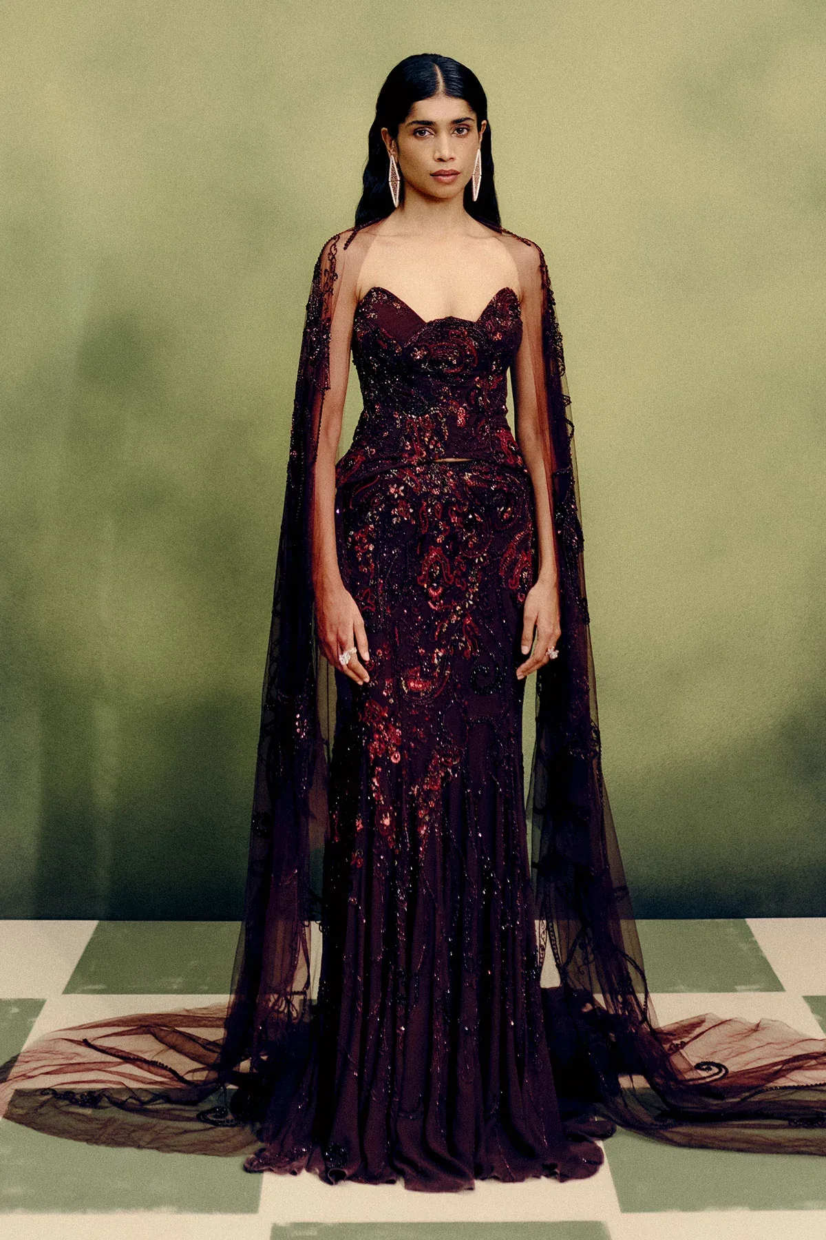 Gilded Carmine Corset & Skirt Set with Cape Drape by Dolly J