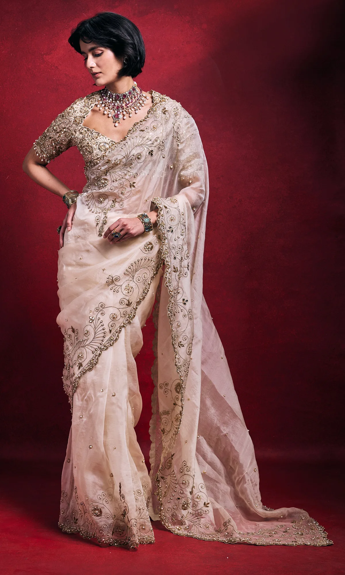 Cream Organza Saree Set by Tamanna Punjabi Kapoor, view 3