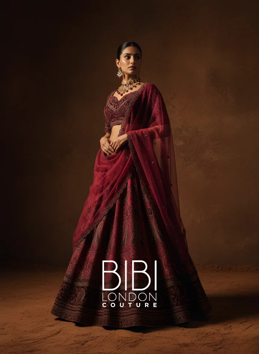 Deep Wine Lehenga with Antique Gold Zardozi and Intricate Paisley Embroidery by BIBI London Couture