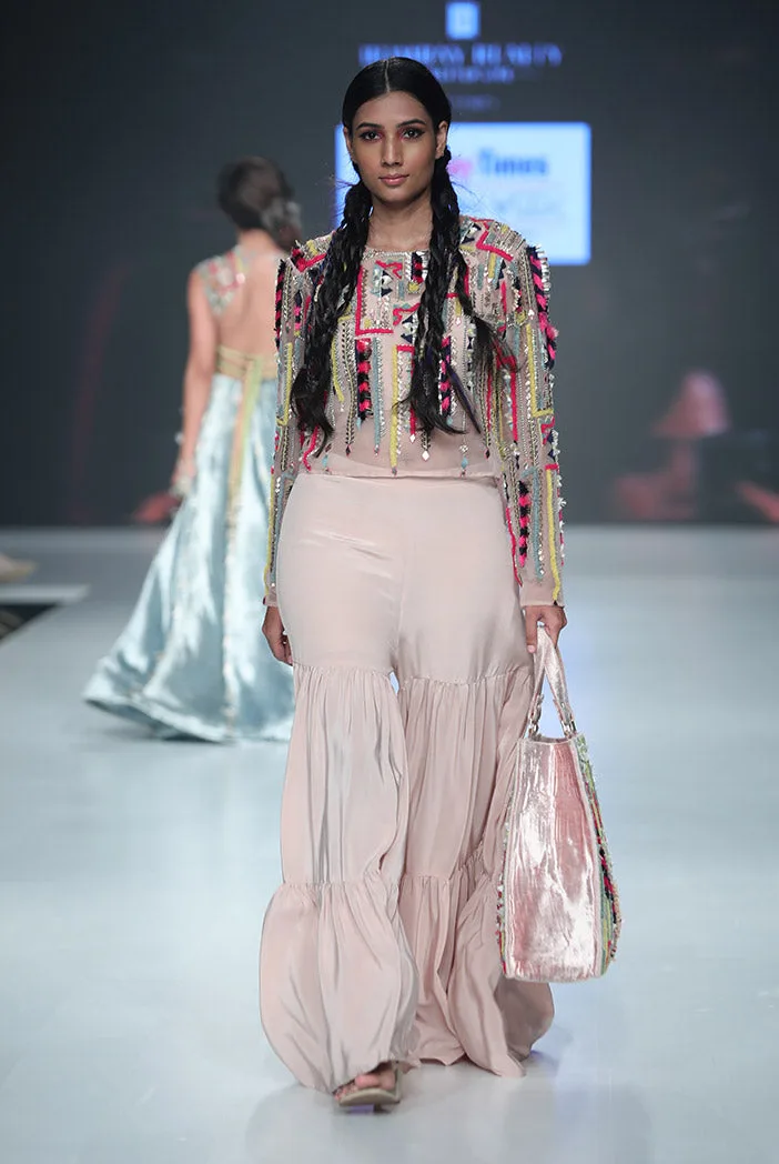 Fariba Rose Pink Organza Crop Top with Crepe Bustier and Sharara Pant by Payal Singhal