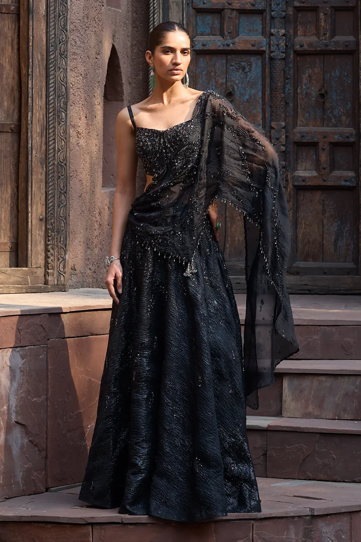 Starlit Charcoal Drape Lehenga Set by Dolly J
