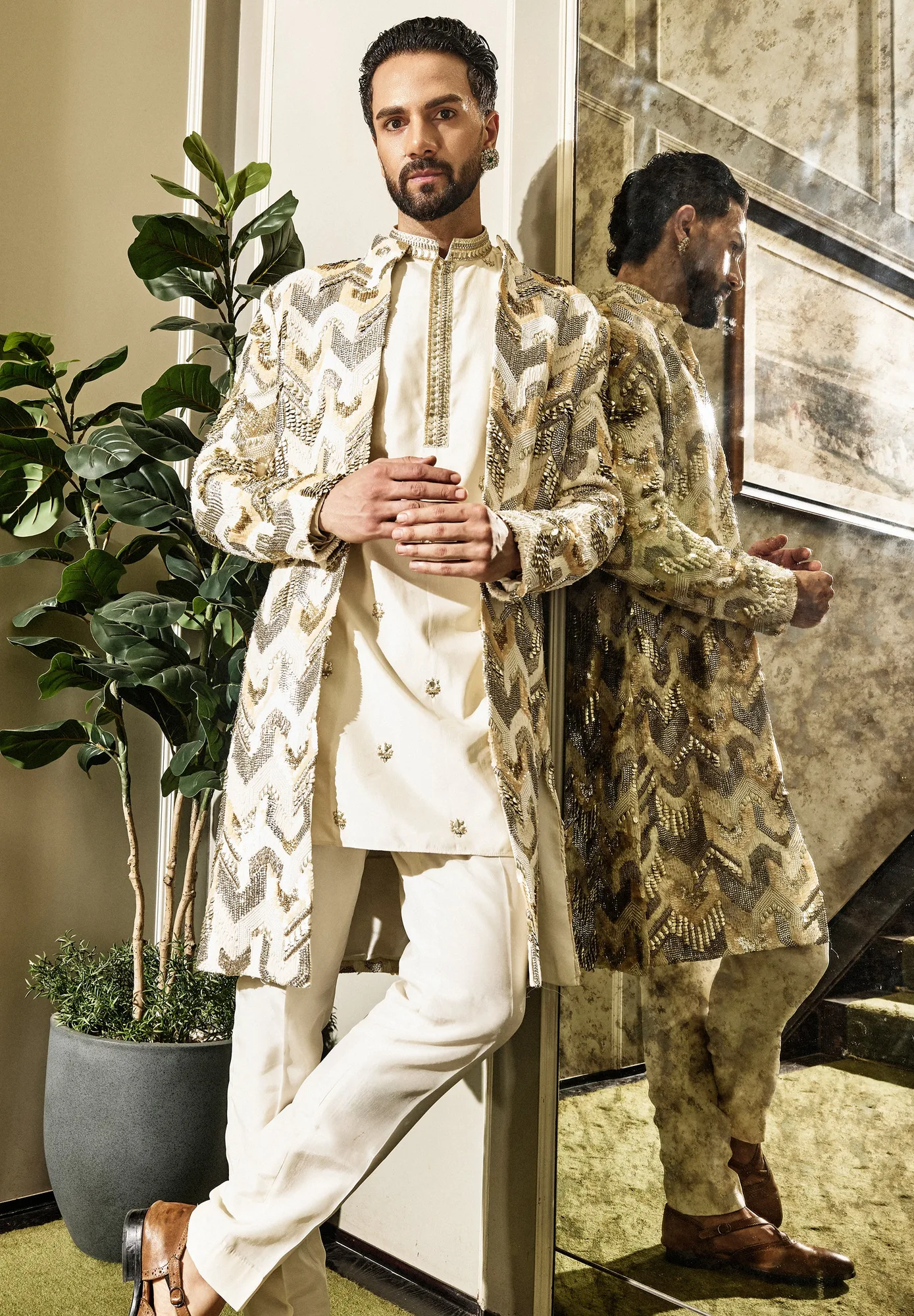 Vayu Chevron Sherwani Set by SVA in ivory