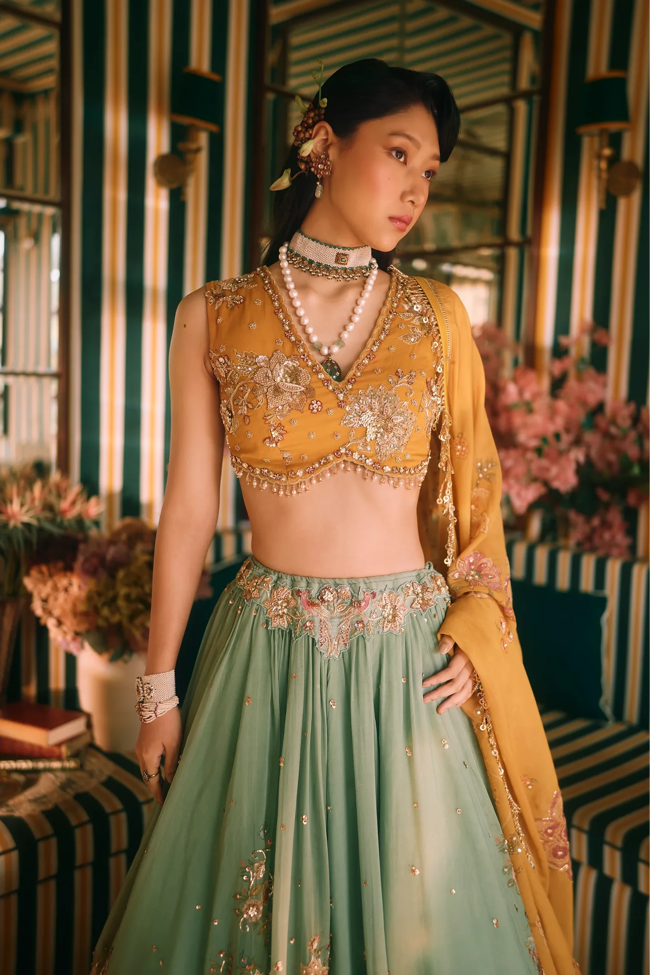 Ciel Lehenga Set by Paulmi And Harsh in jade, view 3