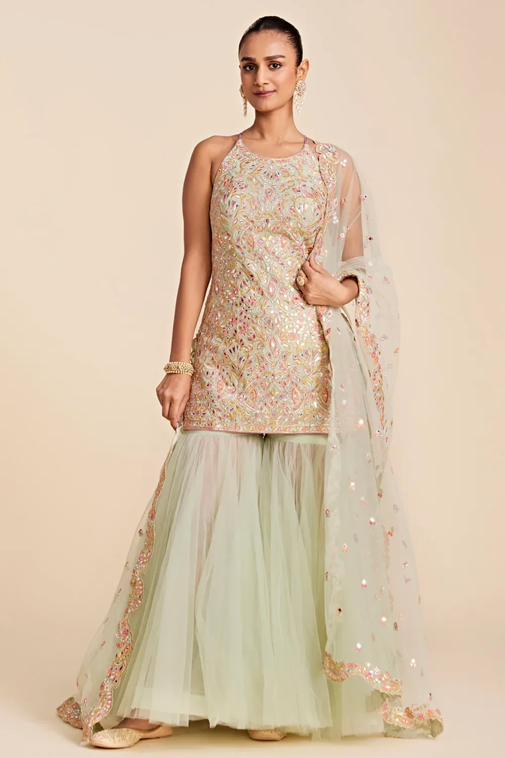 Green Tulle Halter Gharara Set by Tamanna Punjabi Kapoor