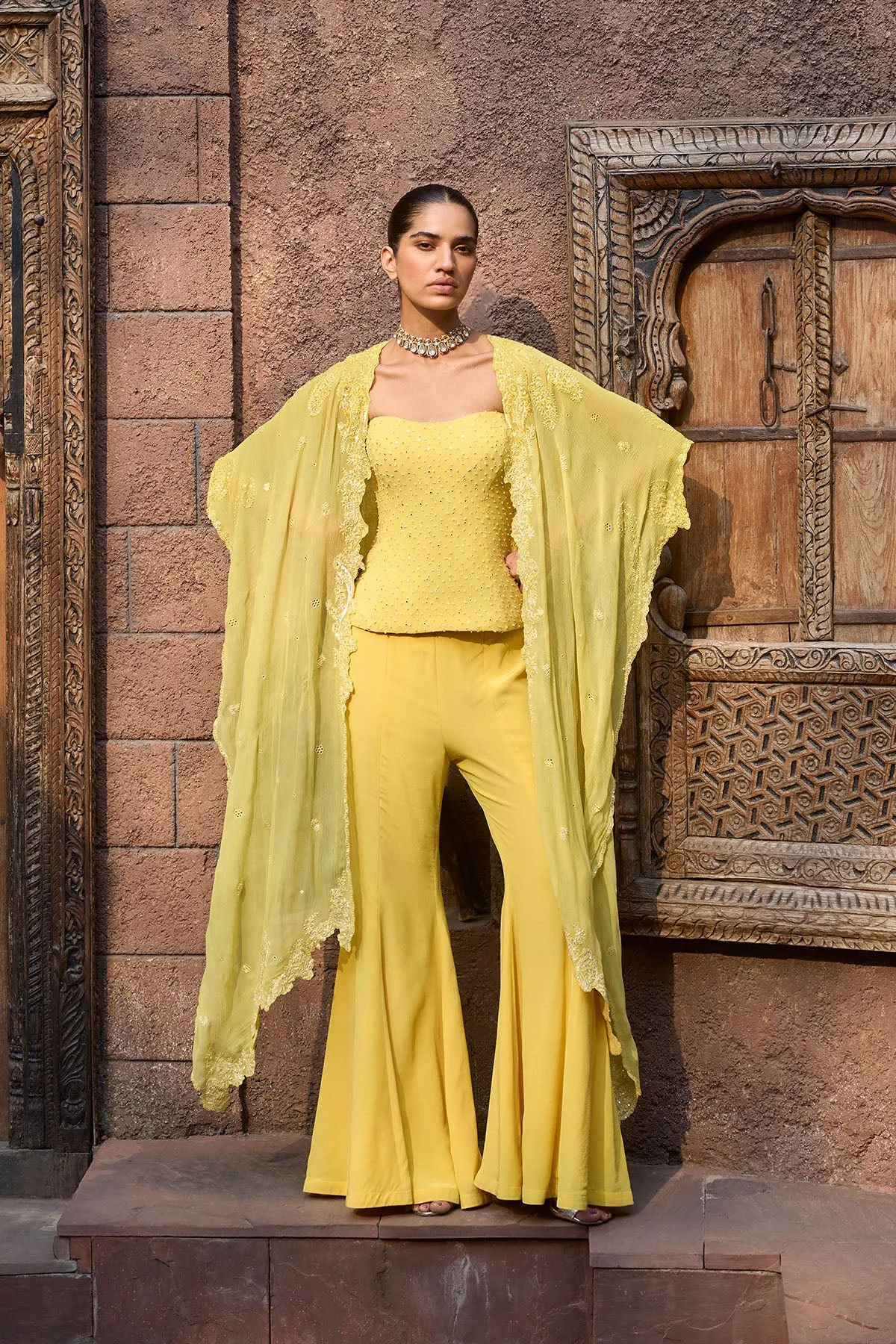 Jaune Corset Cape Chikankari Set by Dolly J