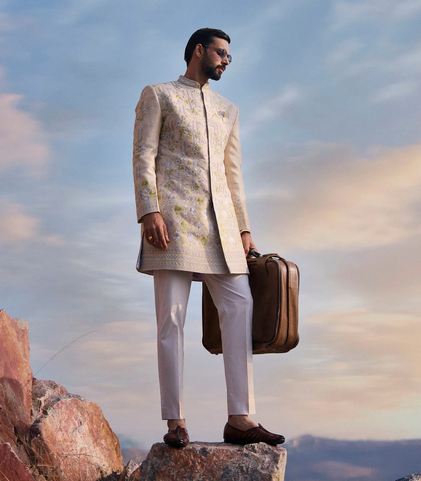 Amber Geometric With Creeper Sherwani Set by Anushree Reddy