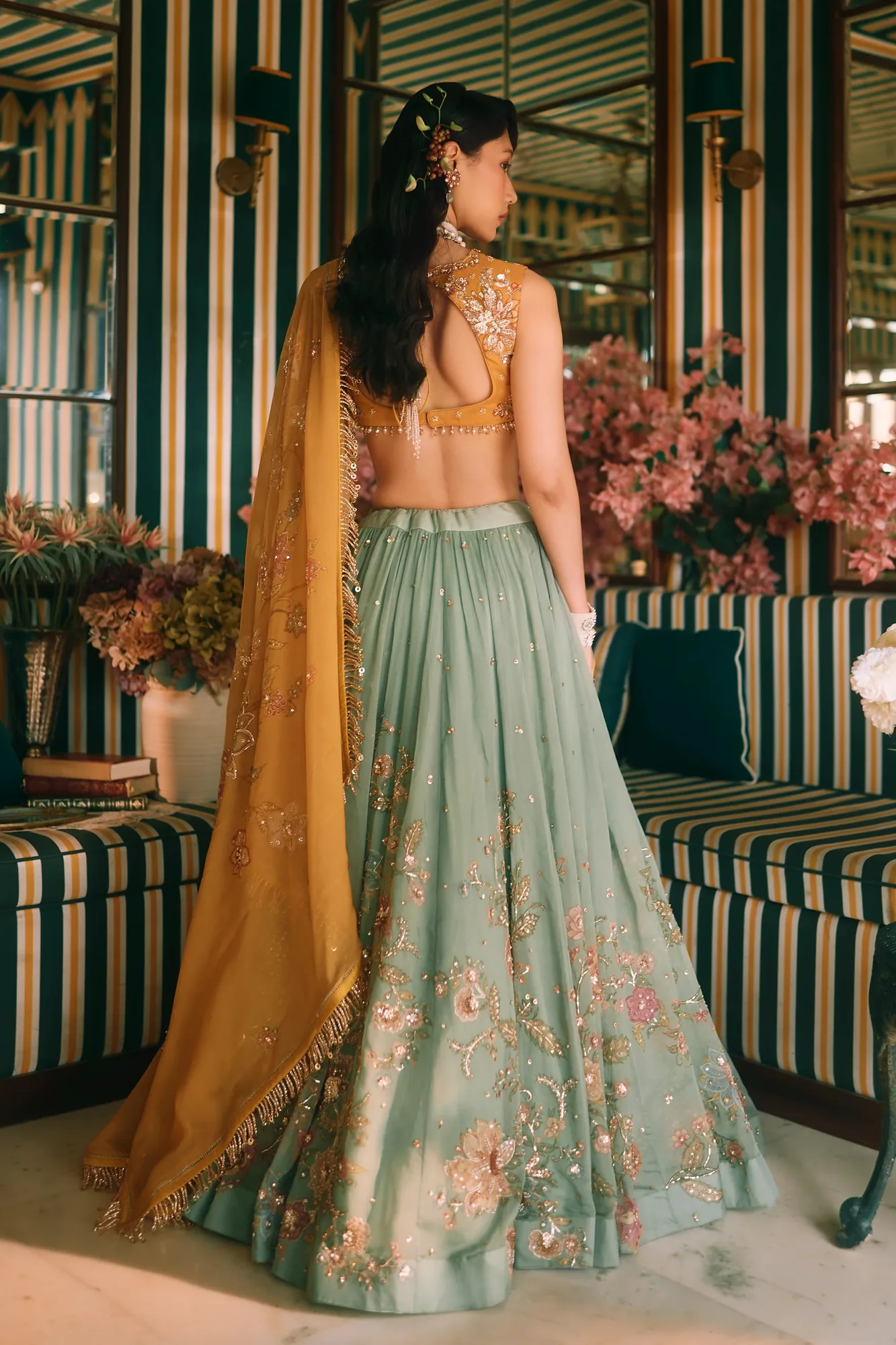 Ciel Lehenga Set by Paulmi And Harsh in jade, view 2