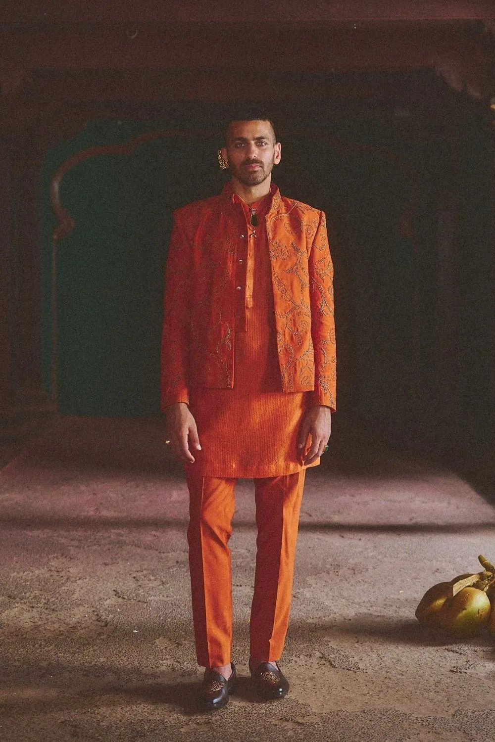 Vaidik Jacket Set by Jigar Mali in rust