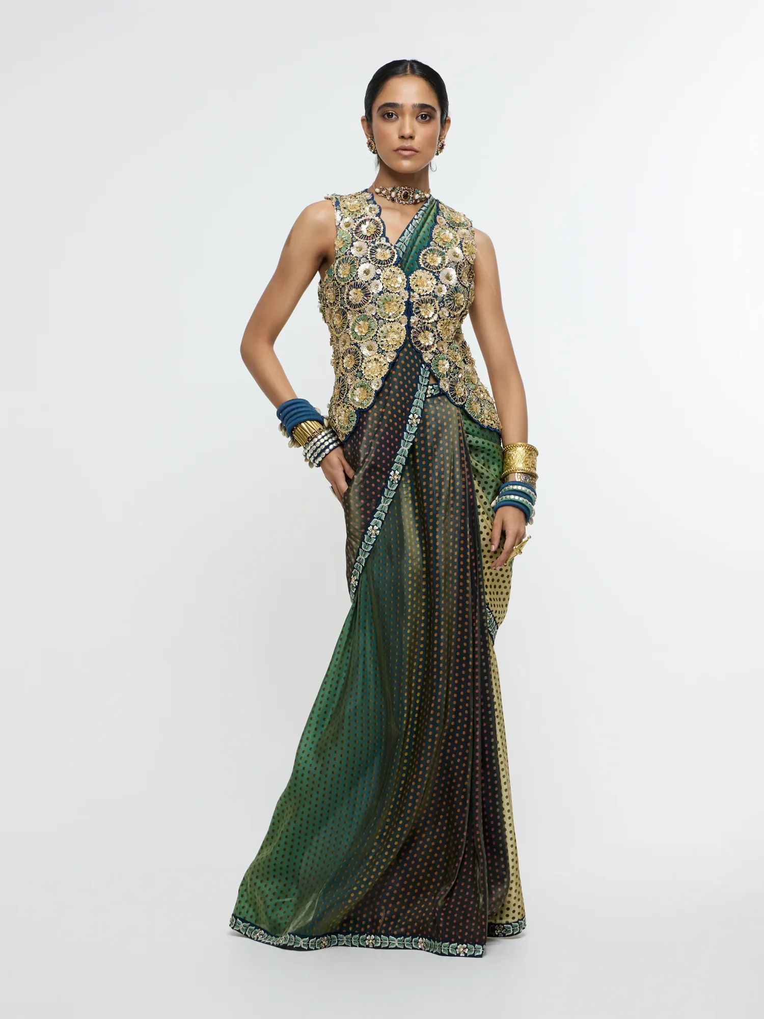Nayab Waist Coat Paired with Drape Saree by SVA
