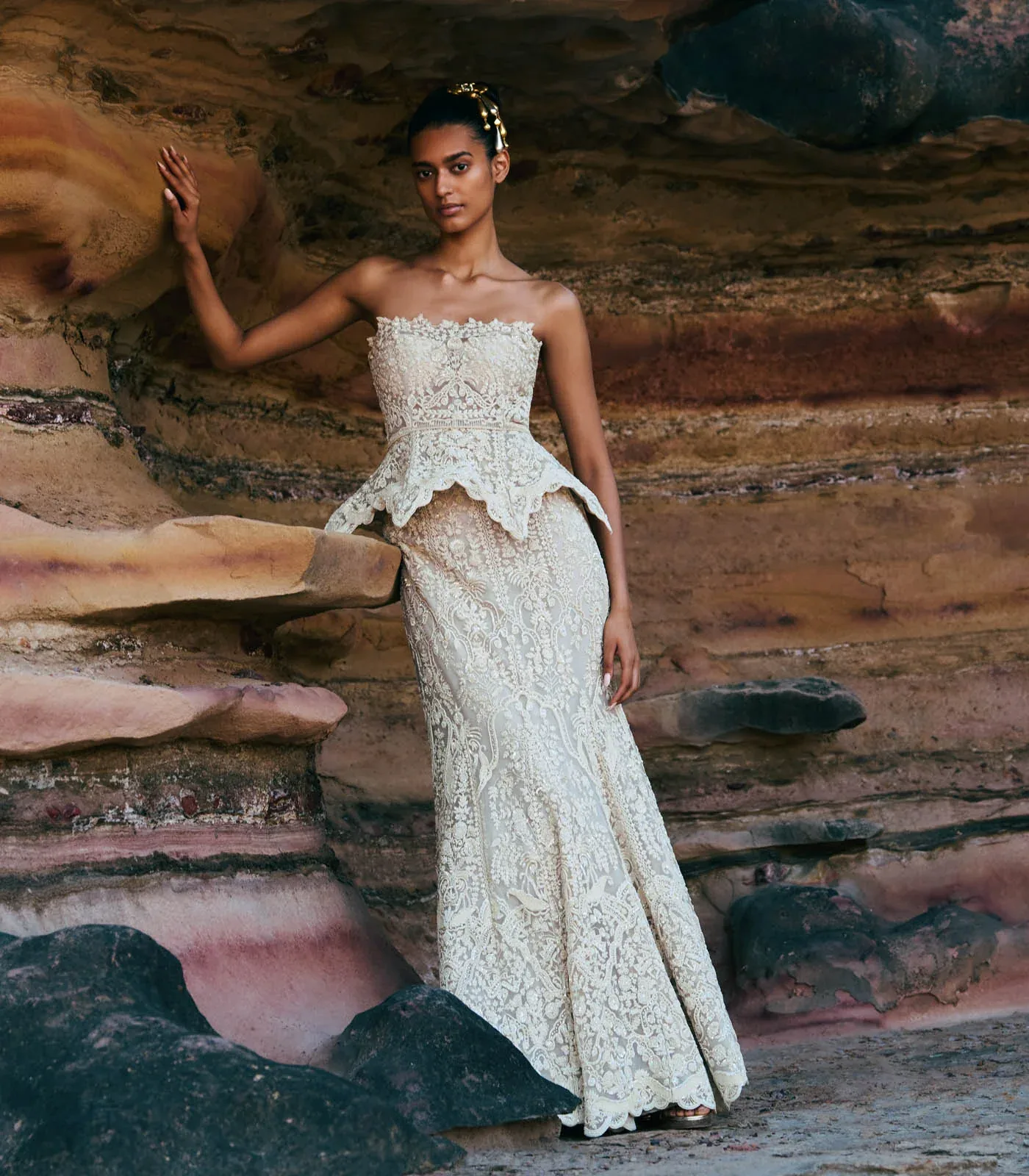 Ivory Carmine Tube Peplum with Mermaid Skirt Set by Anushree Reddy