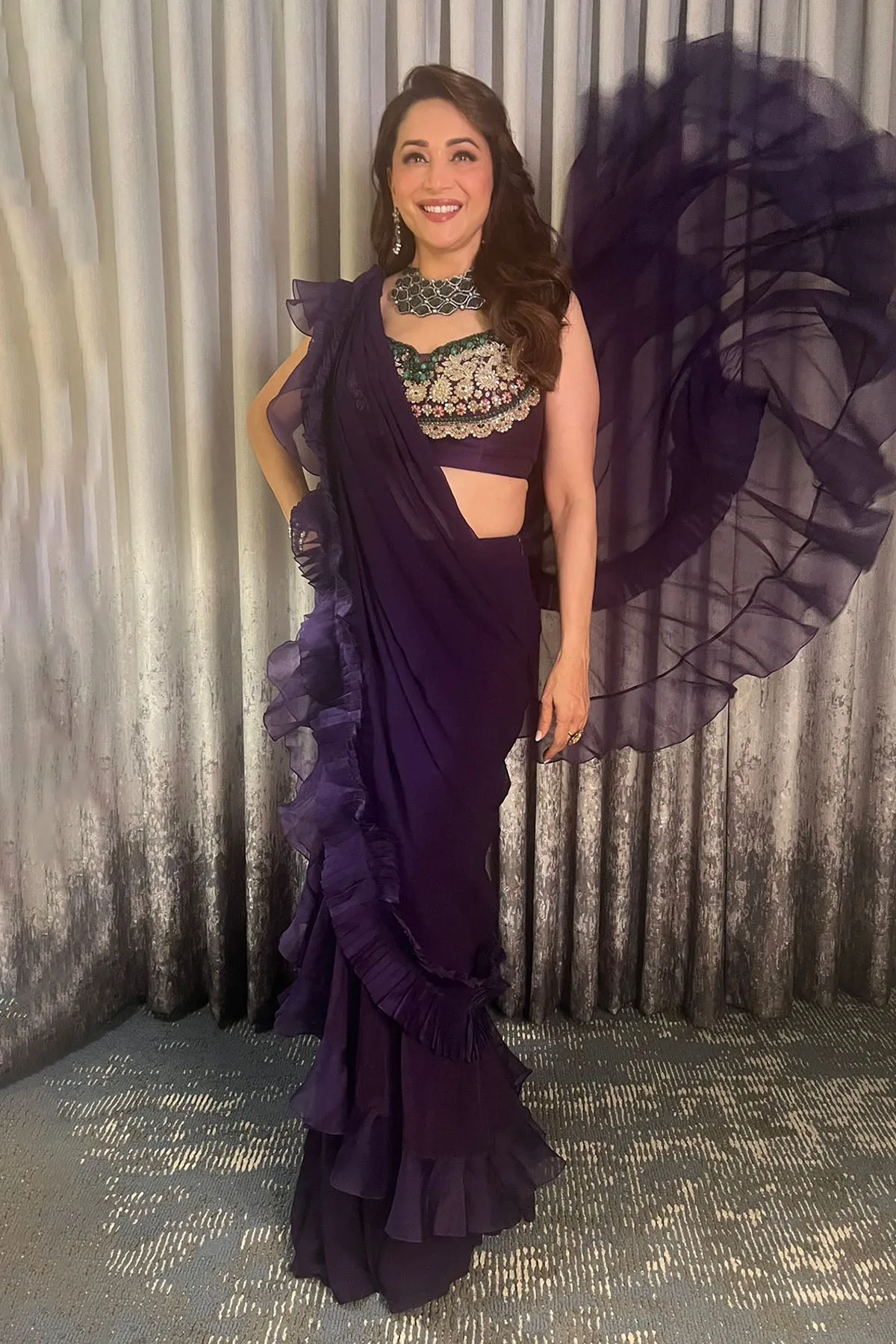 Madhuri Dixit in Naghma Saree set by Ridhi Mehra in purple