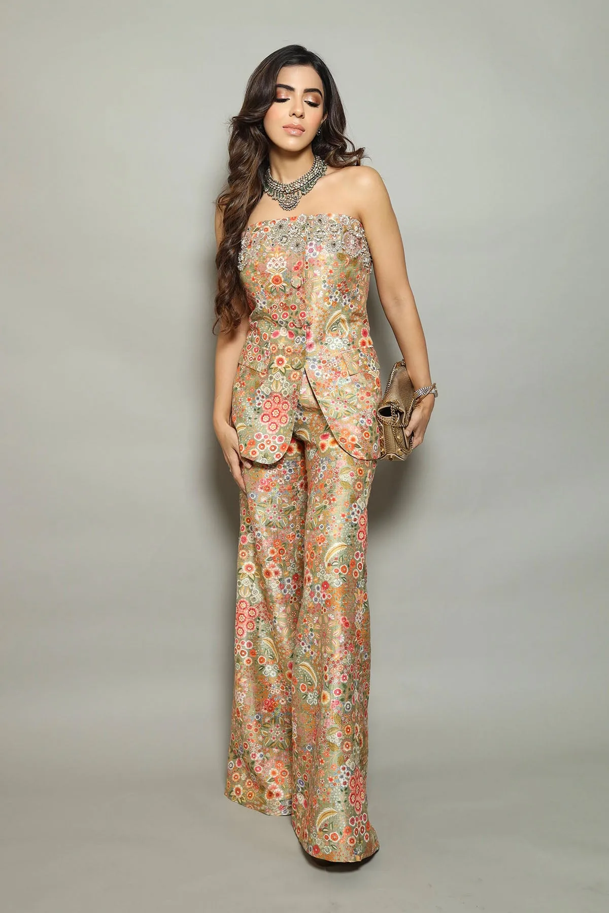 Bahaar Dhawan in Cadenza Jacket Set by Ridhi Mehra in olive green, view 2