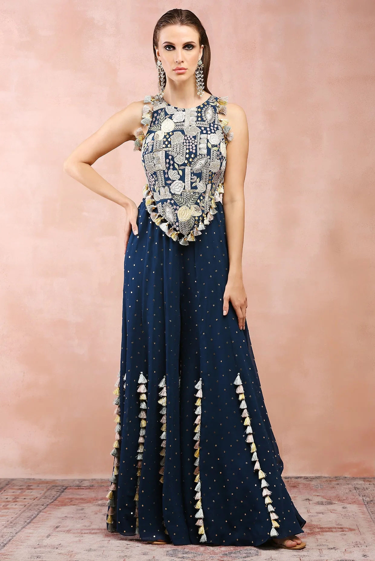 Teal Applique Blue Embroidered Choli With Sharara by Payal Singhal