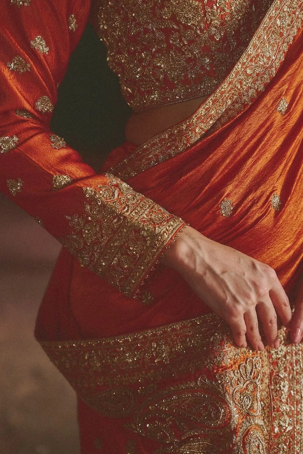 Shachi Silk Saree by Jigar Mali in rust, view 4