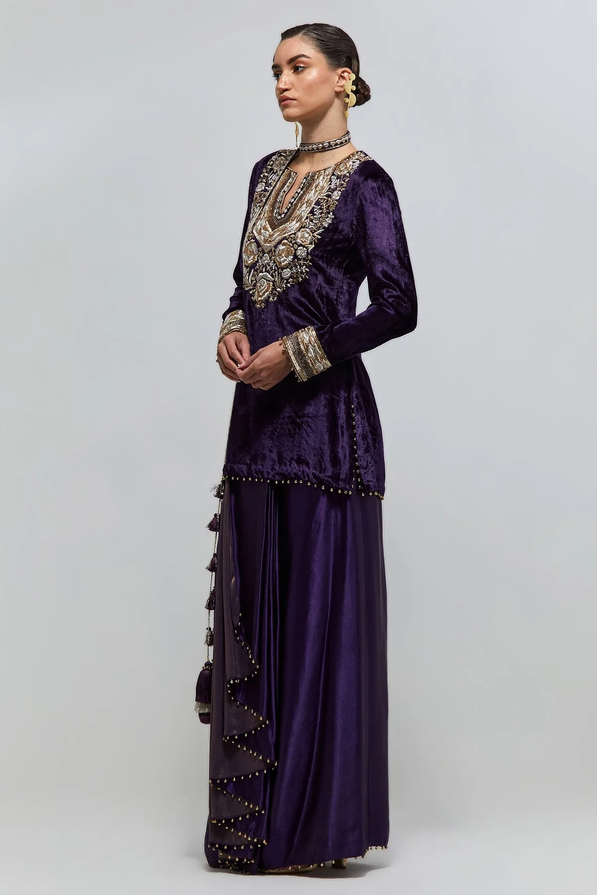 Zehra Purple Velvet Embroidered Yoke And Sleeves Kurta With Dhoti Skirt And Belt by Payal Singhal, view 2