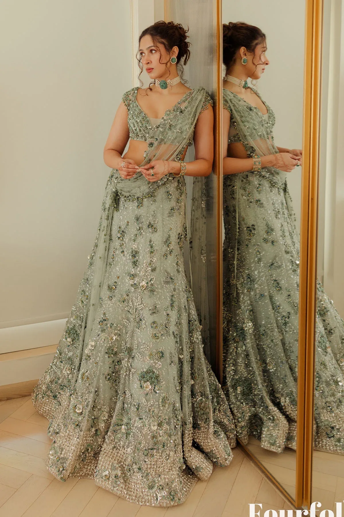 Pashmina Roshan in Elysian Mint Cocktail Lehenga by Dolly J