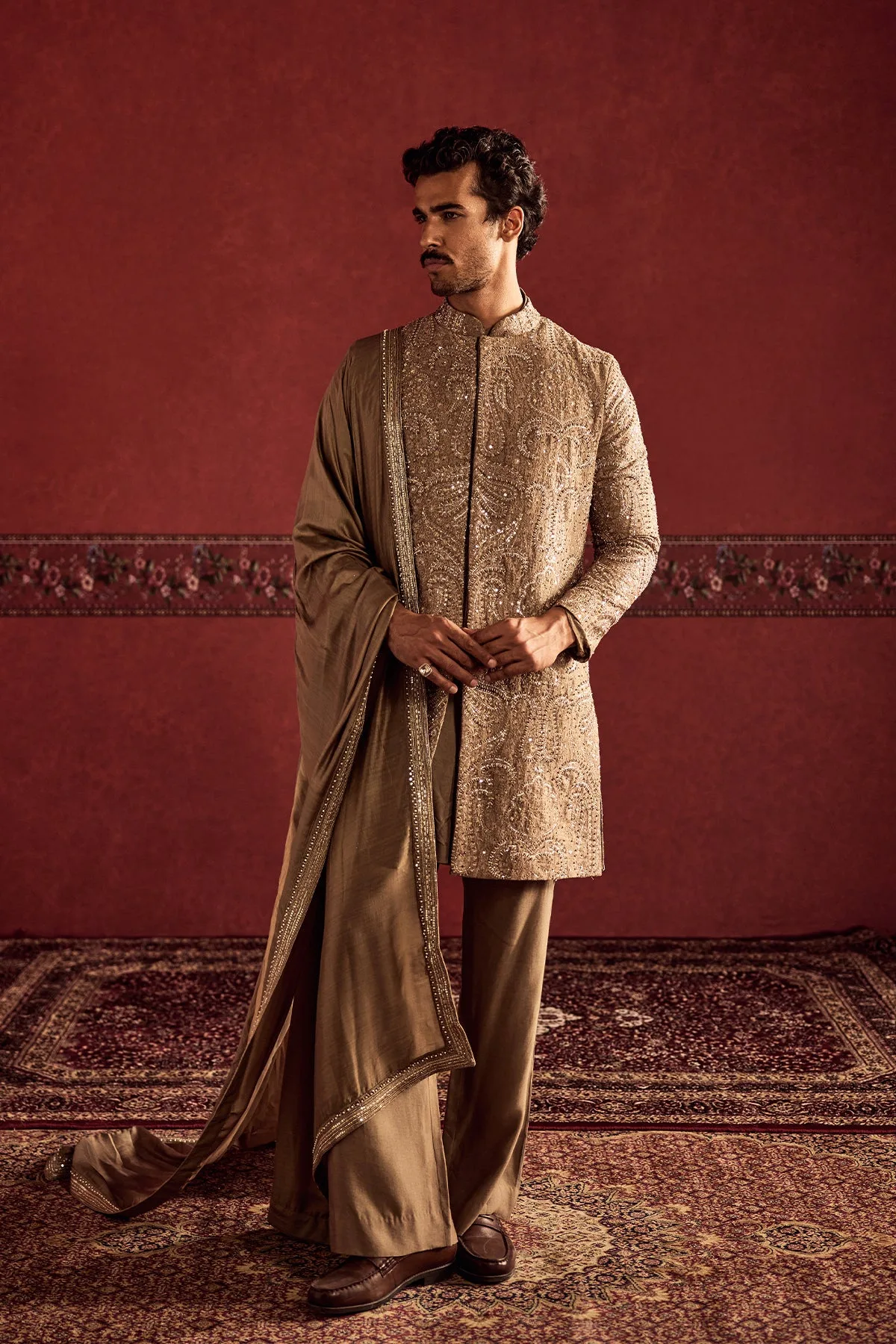 Raunaq Sherwani Set by Ridhi Mehra in stone grey