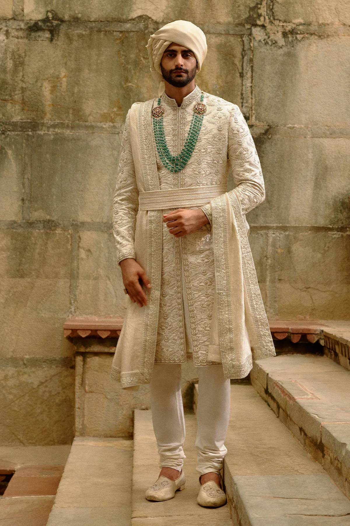 Linen Silk Sherwani Set by Nitika Gujral in ivory
