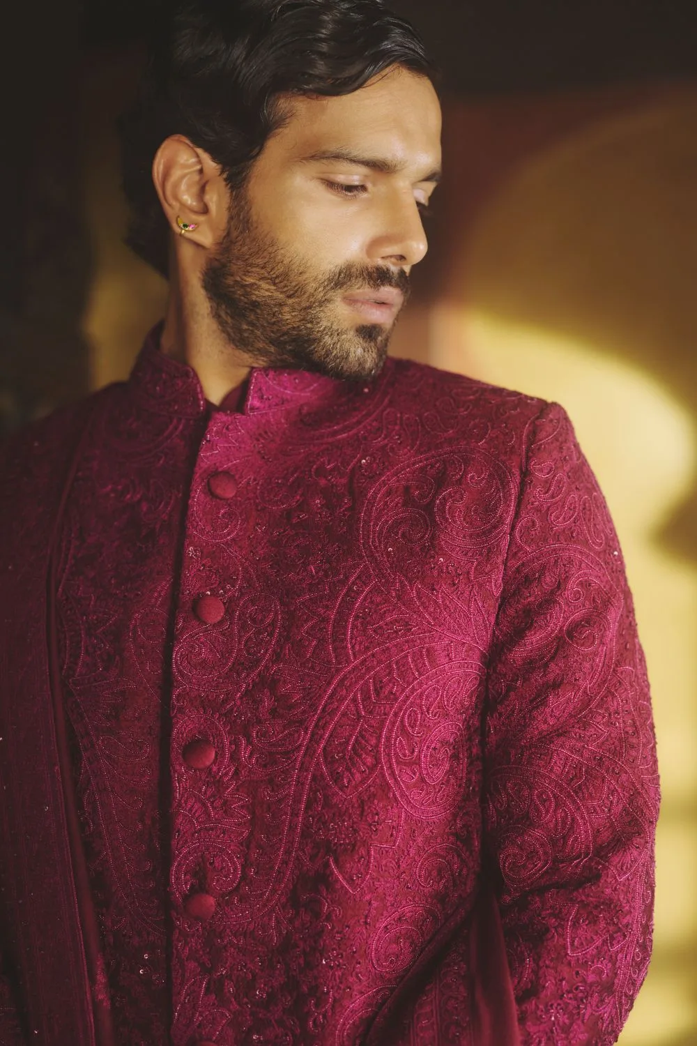 Archit Sherwani by Jigar Mali in wine, view 4