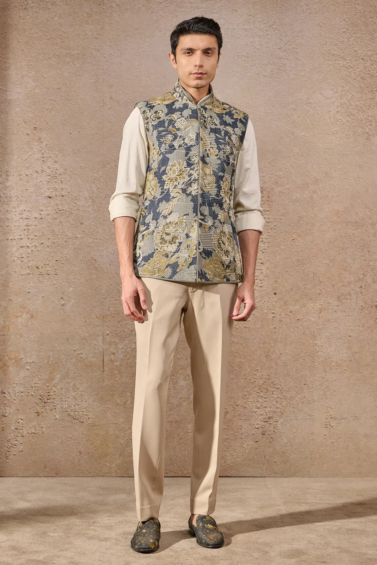 Languid Summer Textured Floral Waistcoat by Tarun Tahiliani