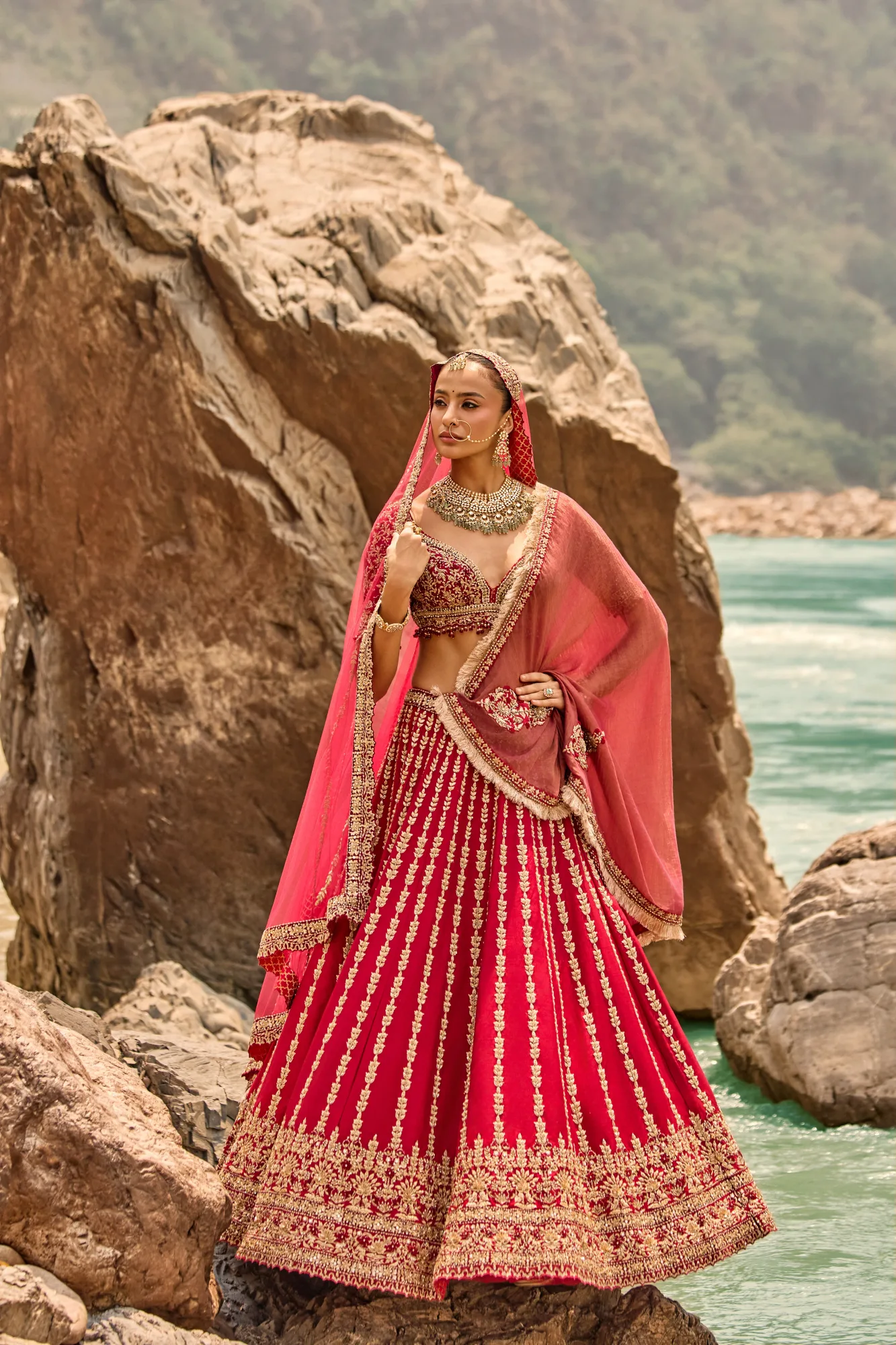 Crimson Antique Zardozi Lehenga by Nitika Gujral