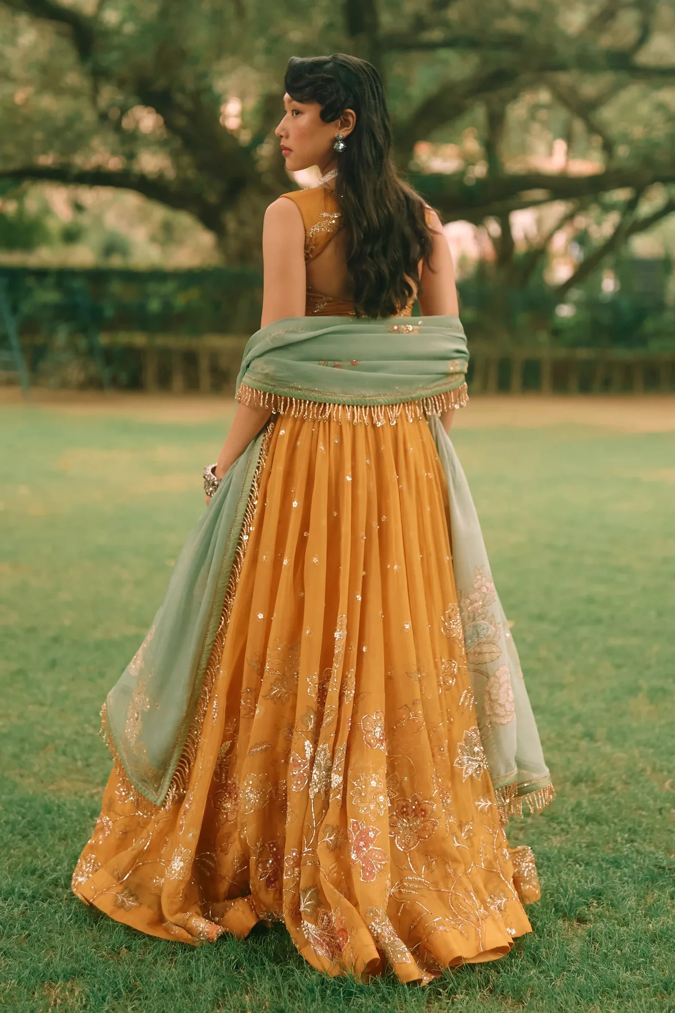 Elinor Lehenga by Paulmi And Harsh in mustard, view 2