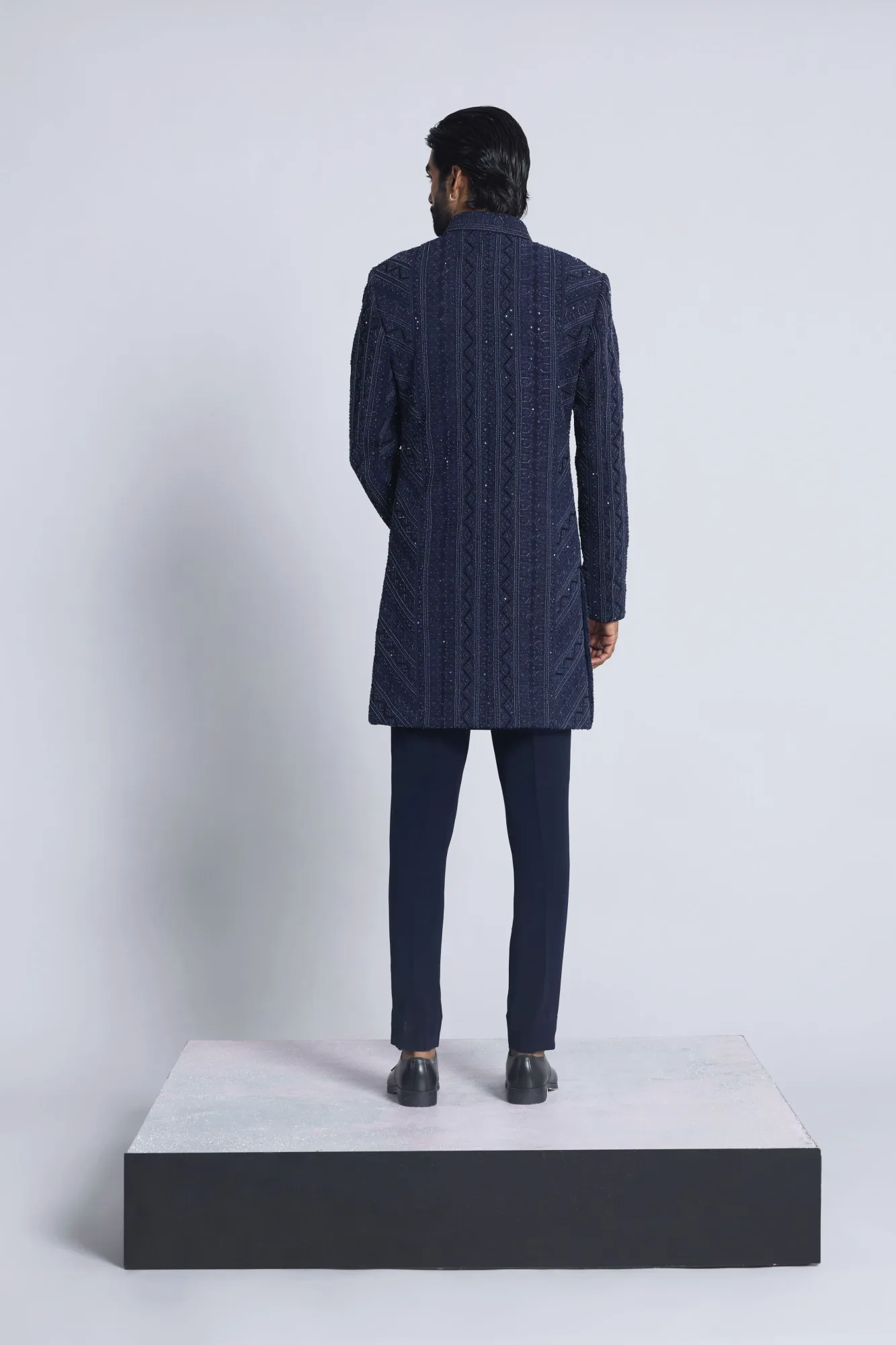 Navy blue pearl and tape work indo western set by Sarab Khanijou