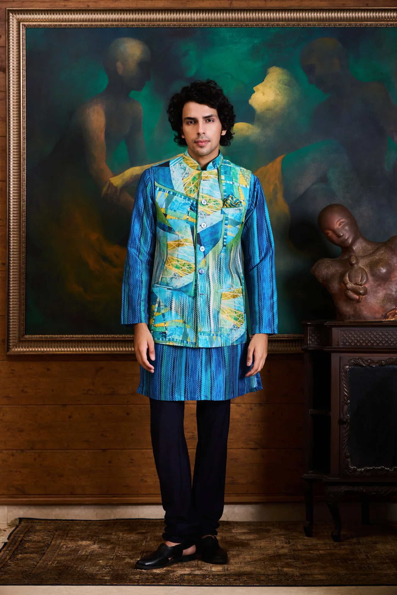 Turq Blue Printed Kurta Bundi Set by Nitika Gujral