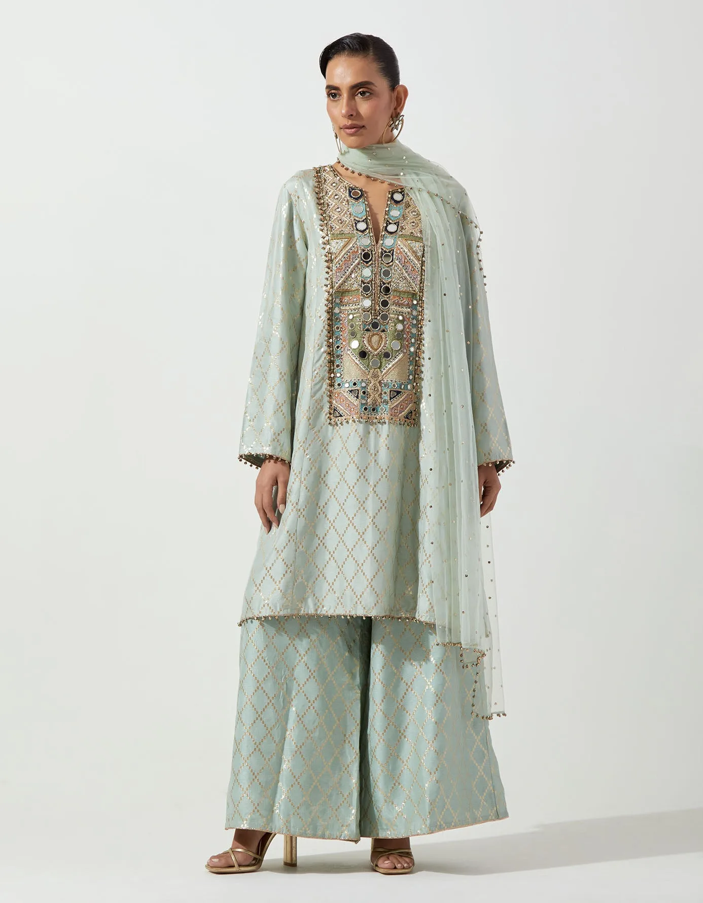 Powder Blue Short Kali Kurta With Palazzo And Mukaish Net Dupatta by Payal Singhal
