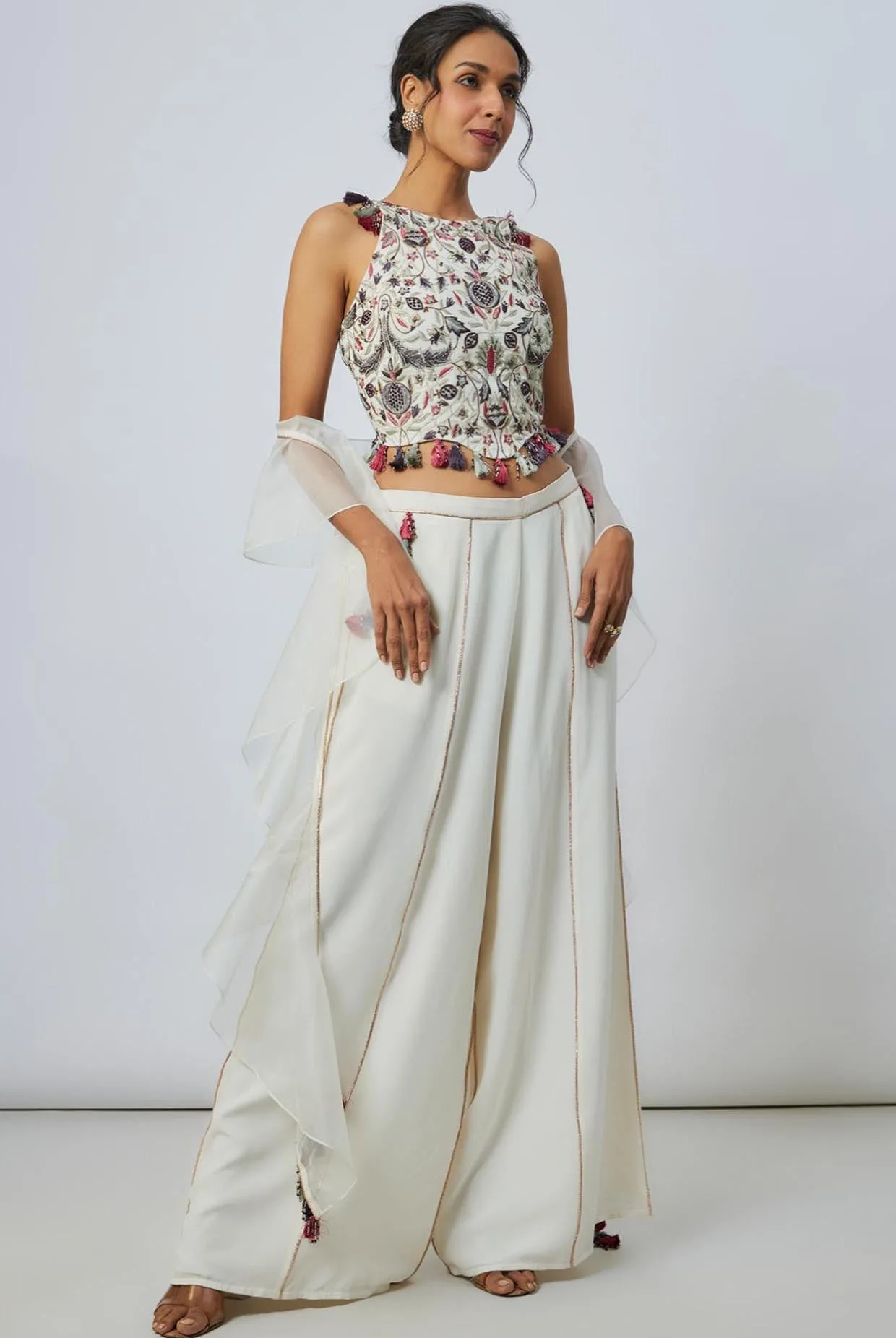 Off White Embroidered Choli And Pant With Ruffle Dupatta by Payal Singhal