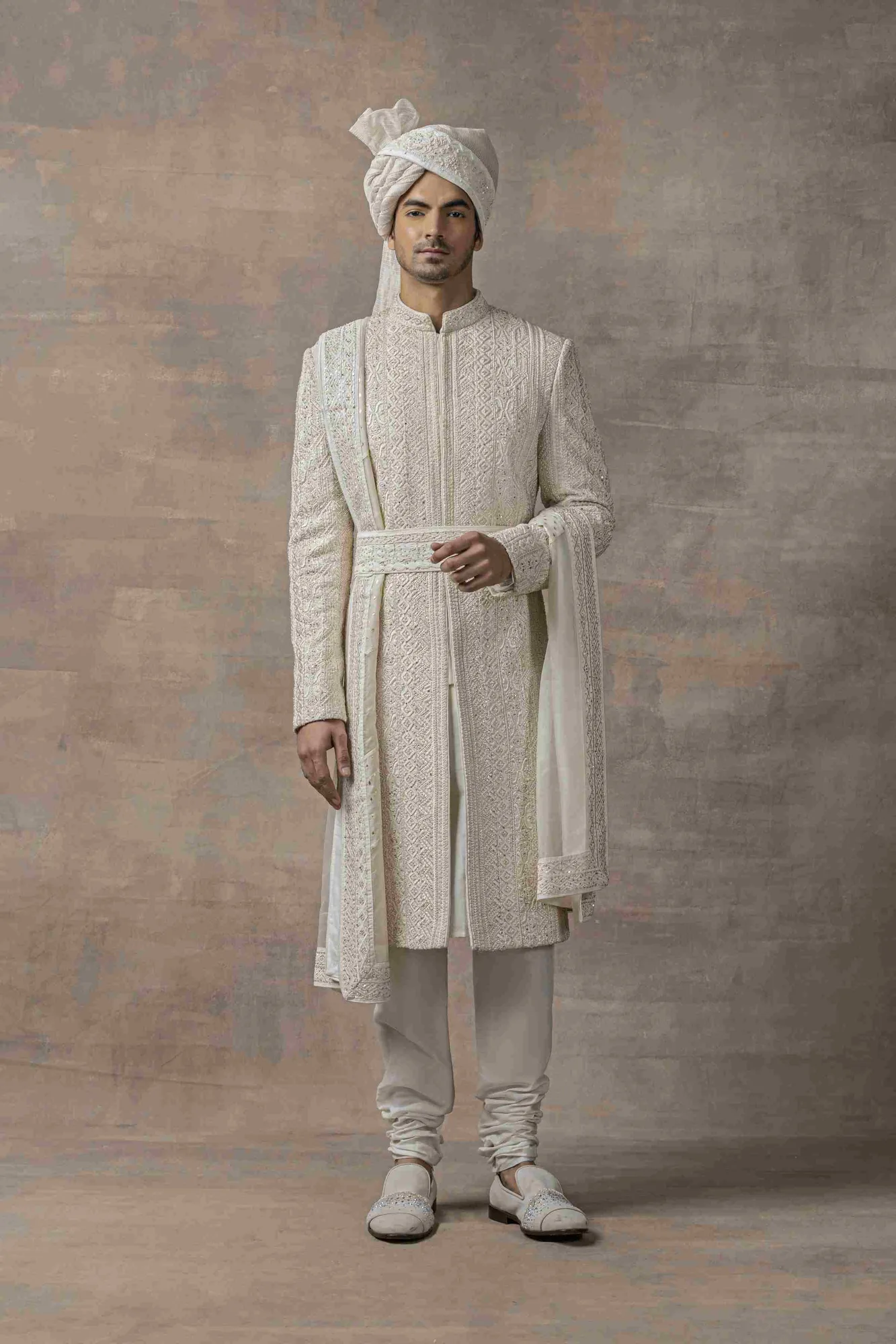 Ivory Organza Sherwani by Sarab Khanijou