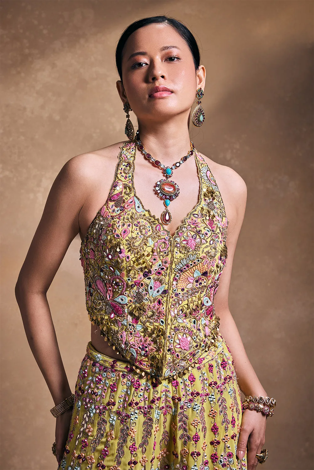 Yellow Georgette High Waist Sharara with Corset by Tamanna Punjabi Kapoor, view 4