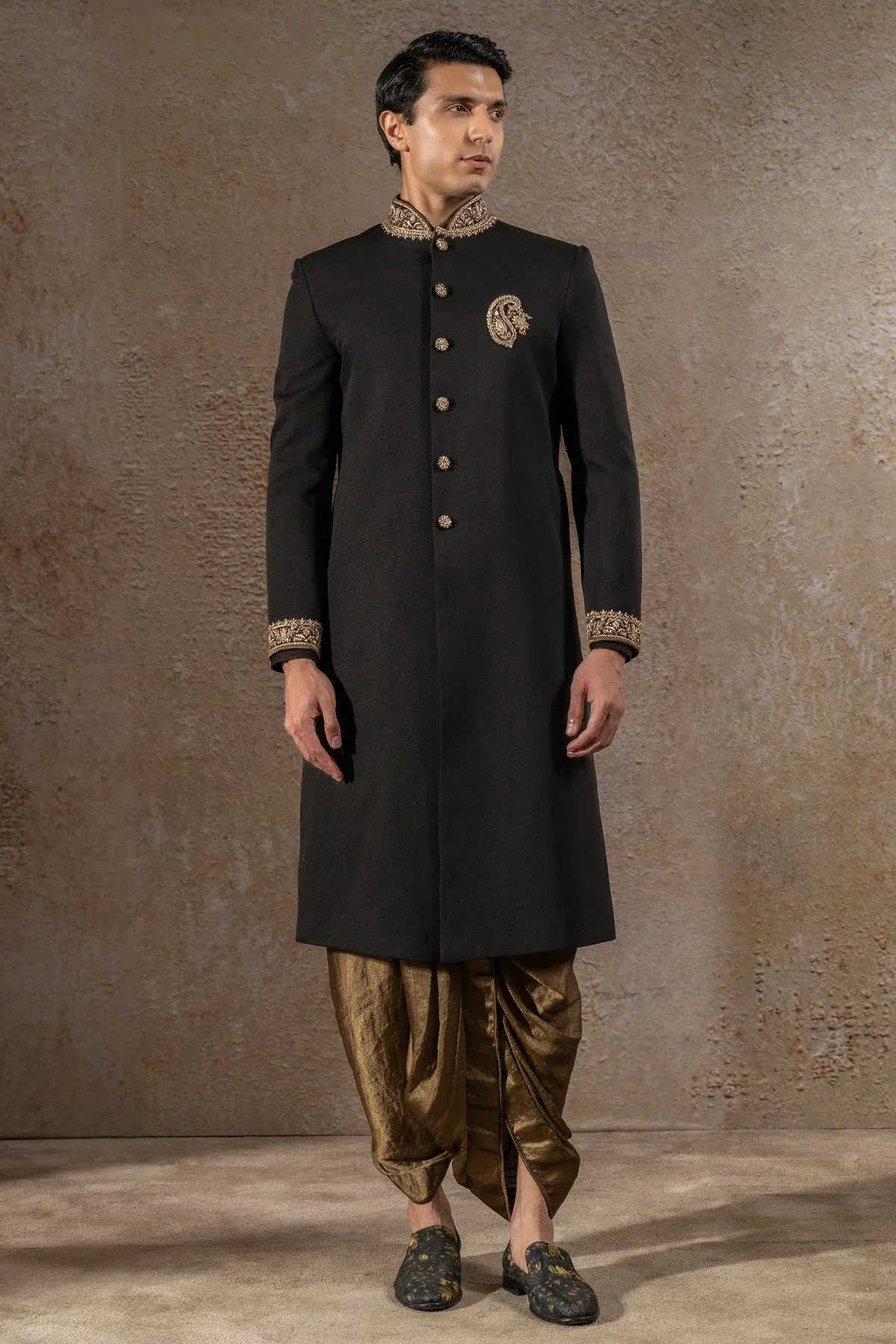 Golden Light Zardozi & Brocade Sherwani Set by Tarun Tahiliani