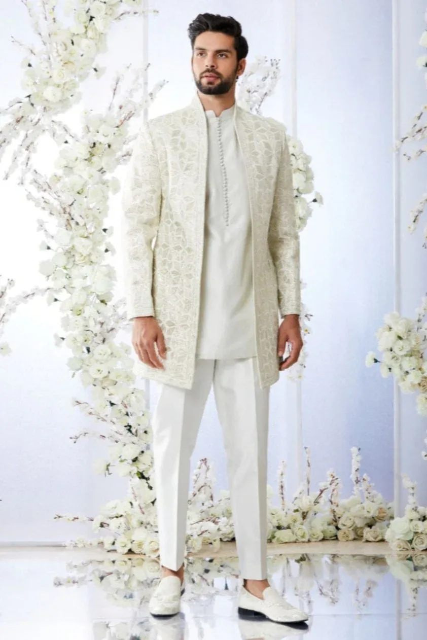 Antique Silver Open Short Sherwani Set by Seema Gujral